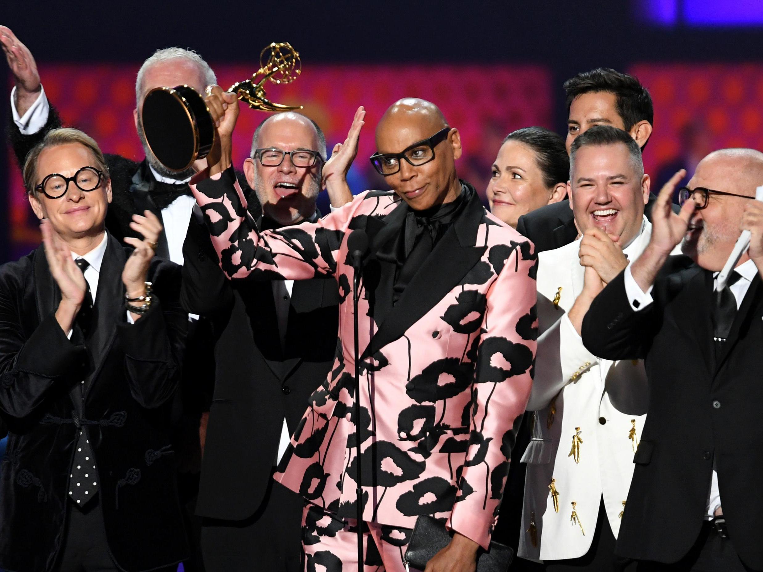 Cast and crew of RuPaul's Drag Race accepting an Emmy award for Outstanding Competition Program on 22 September 2019