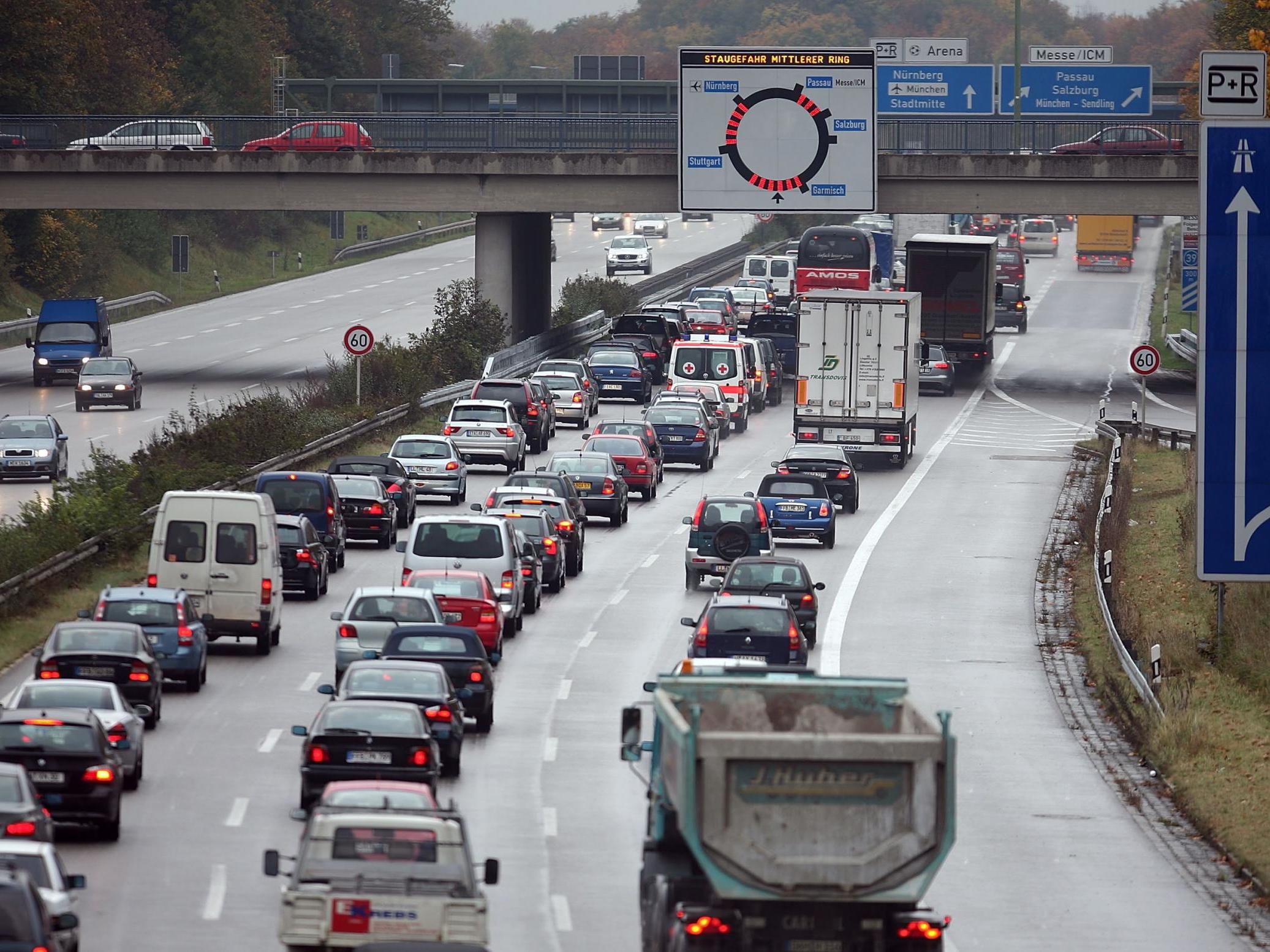 Stock image of traffic on A96 motorway in Munich, Germany.