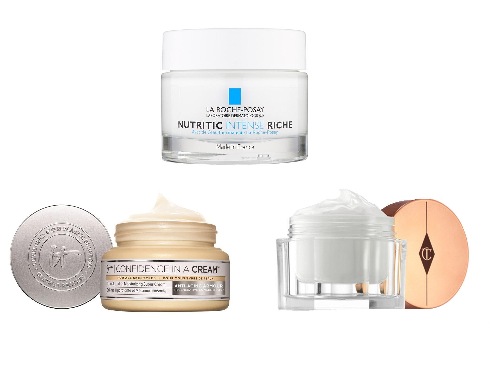 It Cosmetics, Confidence in a Cream, £39, Cult Beauty; La Roche-Posay Nutritic Intense Riche Nutri-Reconstructing Cream, £18, Feel Unique; Charlotte Tilbury, Charlotte’s Magic Cream, £70, Feel Unique