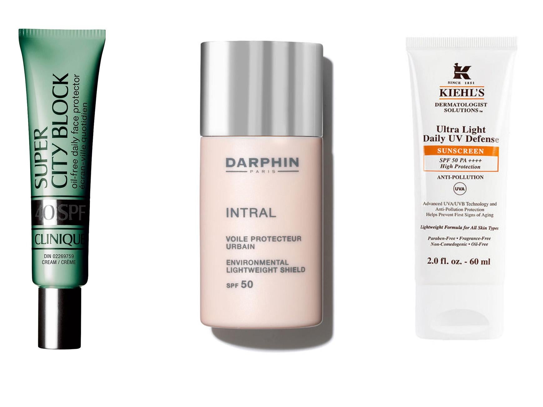 Clinique, Super City Block SPF40, £20, Look Fantastic; Darphin, Intral Shield SPF50, £38, Space NK; Kiehl’s, Ultra Light Daily Defense SPF50, £38, Space NK