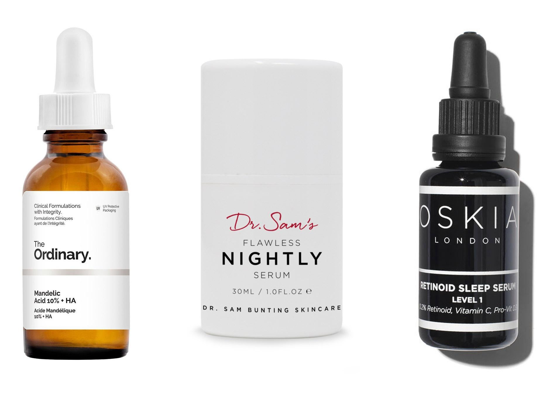 The Ordinary, Mandelic Acid 10%, £5.75, Cult Beauty; Flawless Nightly Serum, £39, Dr Sam; Oskia, Retinoid Sleep Serum 0.2%, £70, Space NK