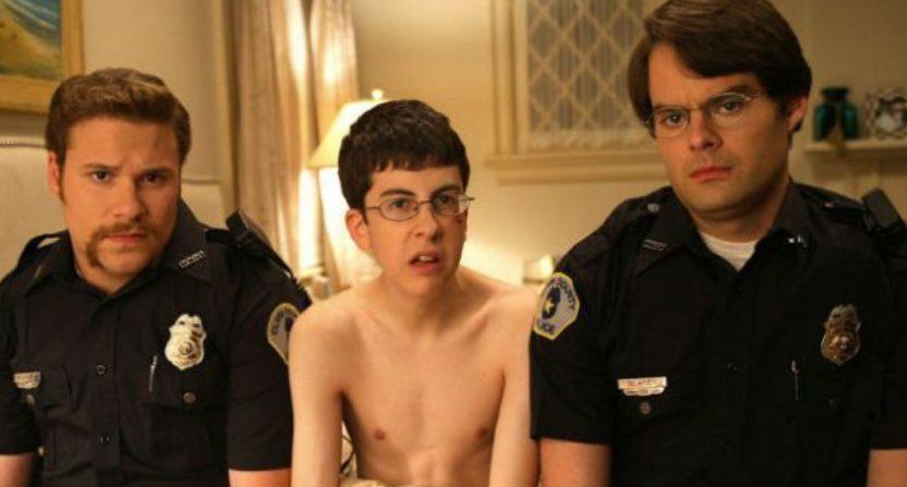 (Left to right) Seth Rogen as Officer Michaels, Christopher Mintz-Plasse as McLovin and Bill Hader as Officer Slater in ‘Superbad’