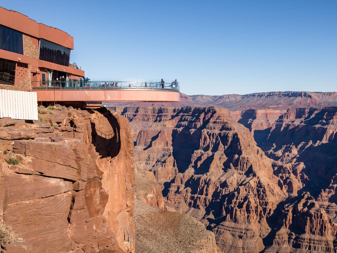 The Skywalk is a horseshoe-shaped glass walkway that juts out about 70 feet over the canyon