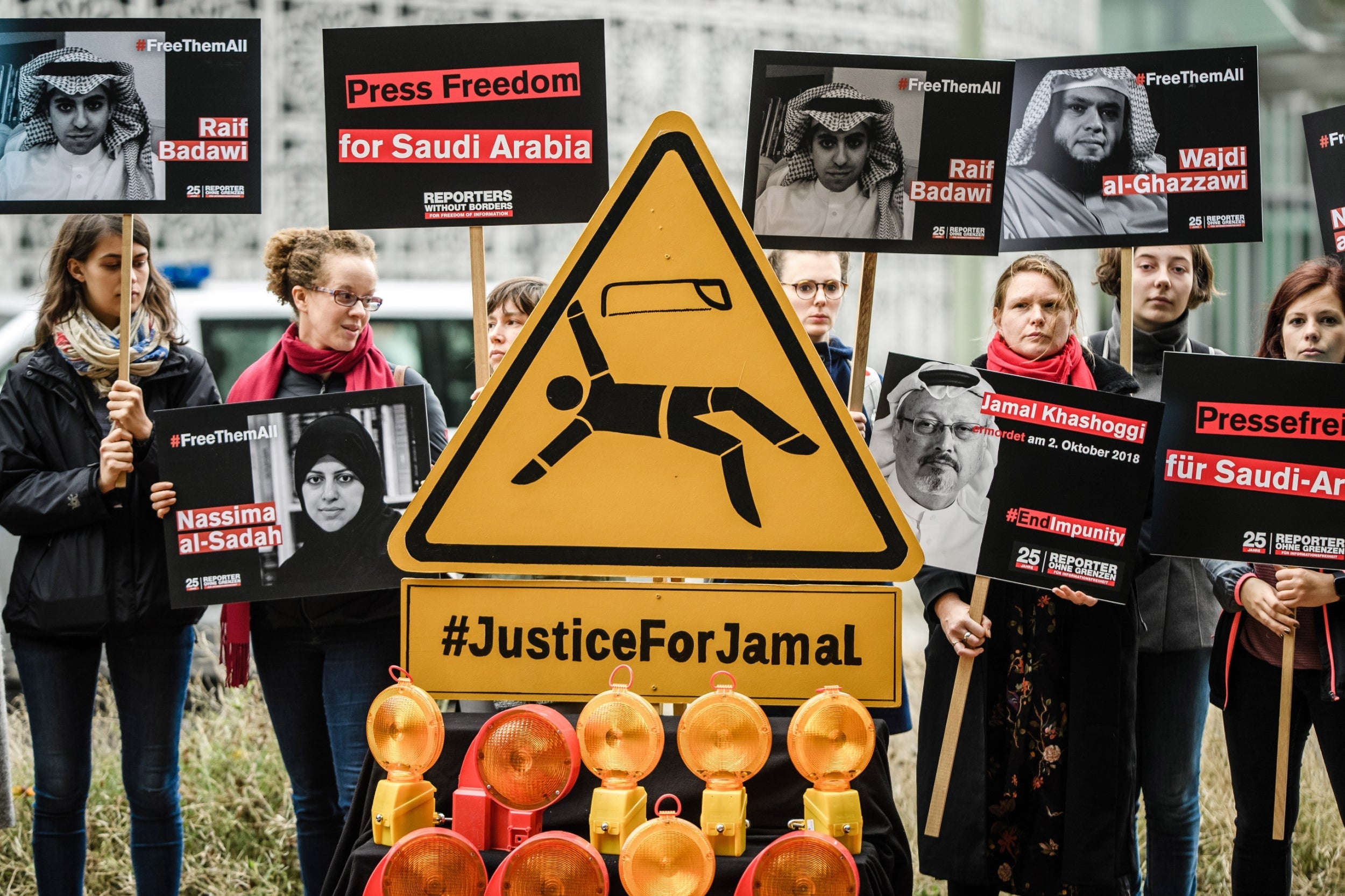 Protesters demonstrate outside the Saudi embassy in Berlin on Tuesday, at a rally organised by Reporters Without Borders