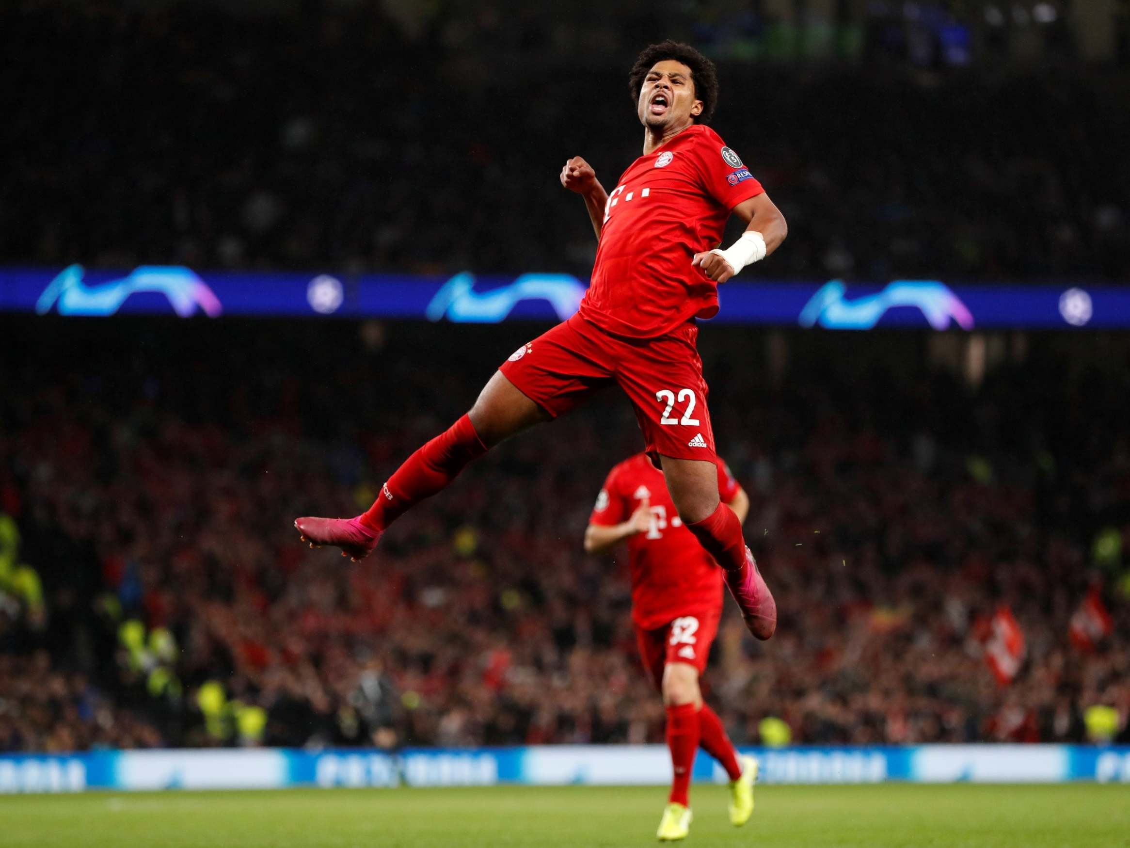 Serge Gnabry celebrates scoring for Bayern Munich ( Reuters)