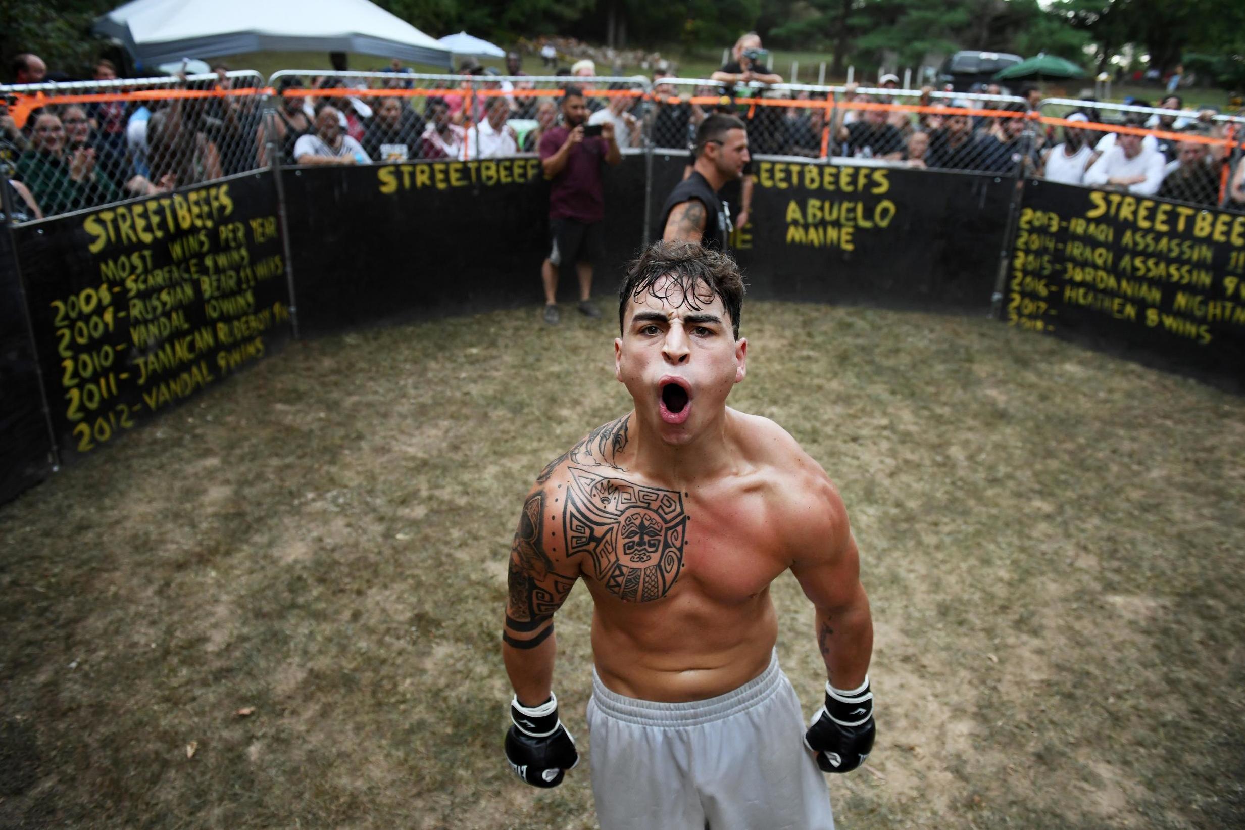 Anthony ‘Italian Tyson’ Russo celebrates after a mixed martial arts match