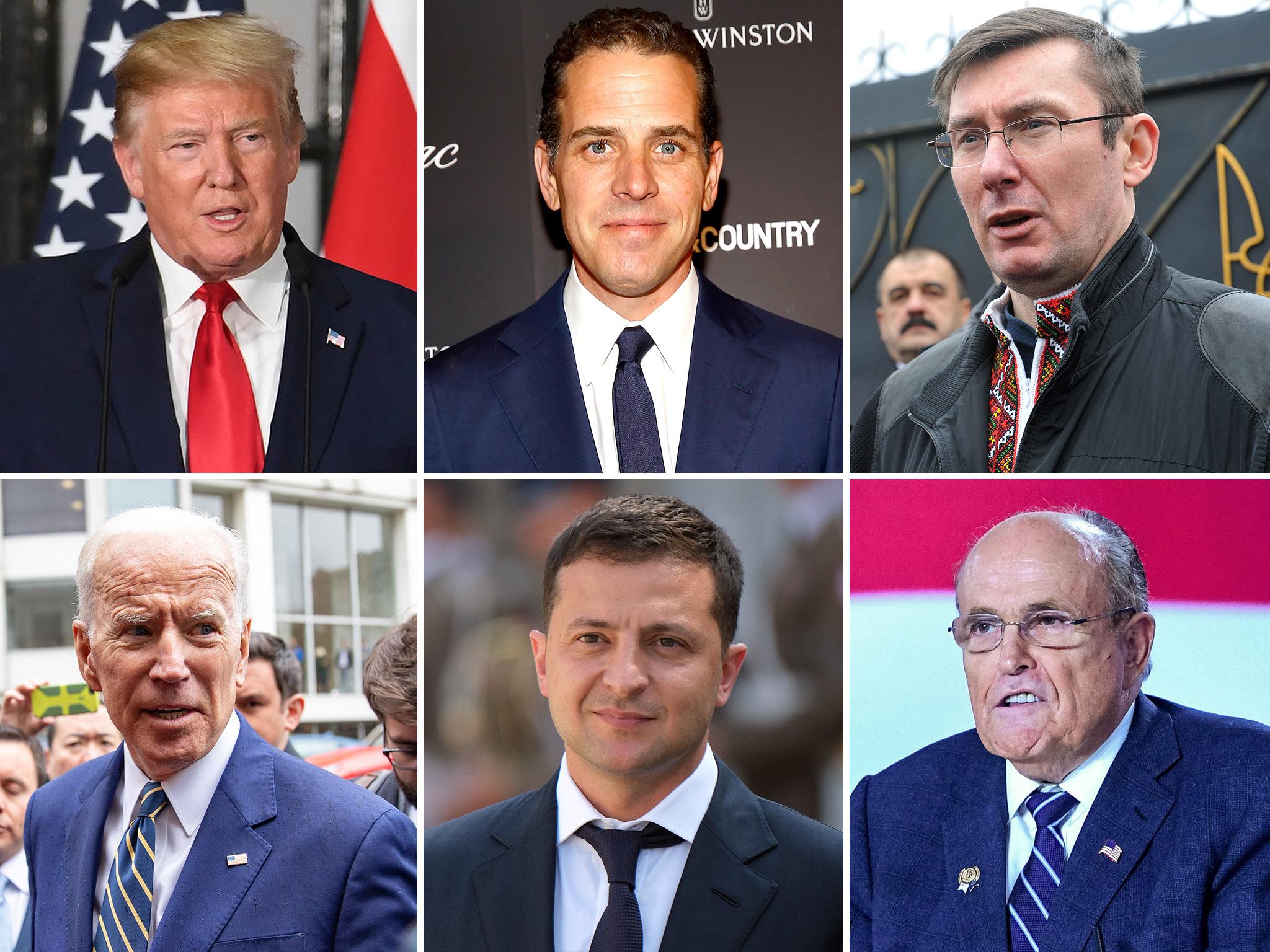 Clockwise from top left: US president Donald Trump, Hunter Biden, Ukraine’s former chief prosecutor Yury Lutsenko, President Trump’s lawyer Rudi Guiliani, Ukrainian president Volodymyr Zelensky and former US vice-president Joe Biden