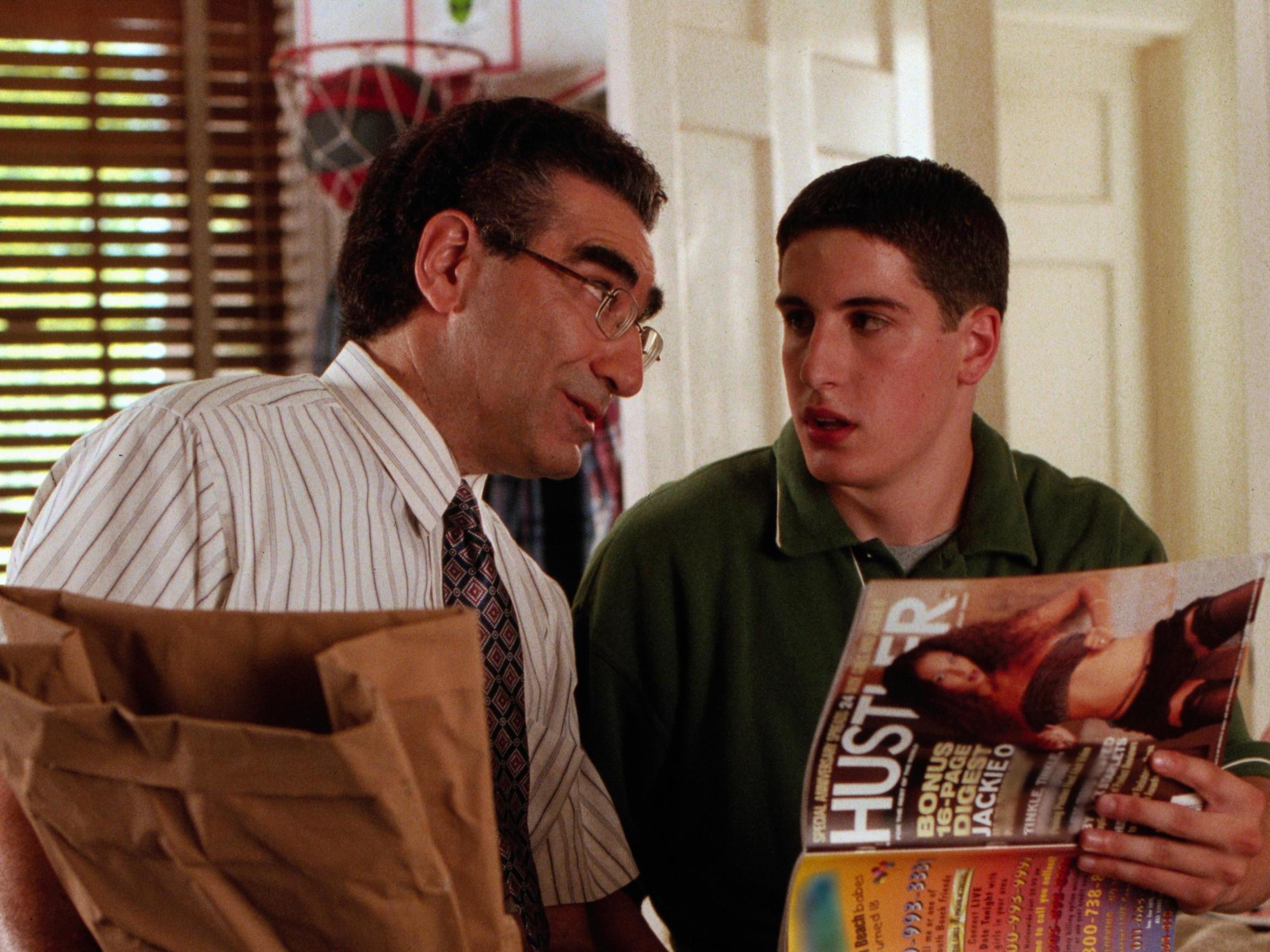 Pie-eyed: Jim (Jason Biggs, right) gets some helpful advice from dad Noah (Eugene Levy)