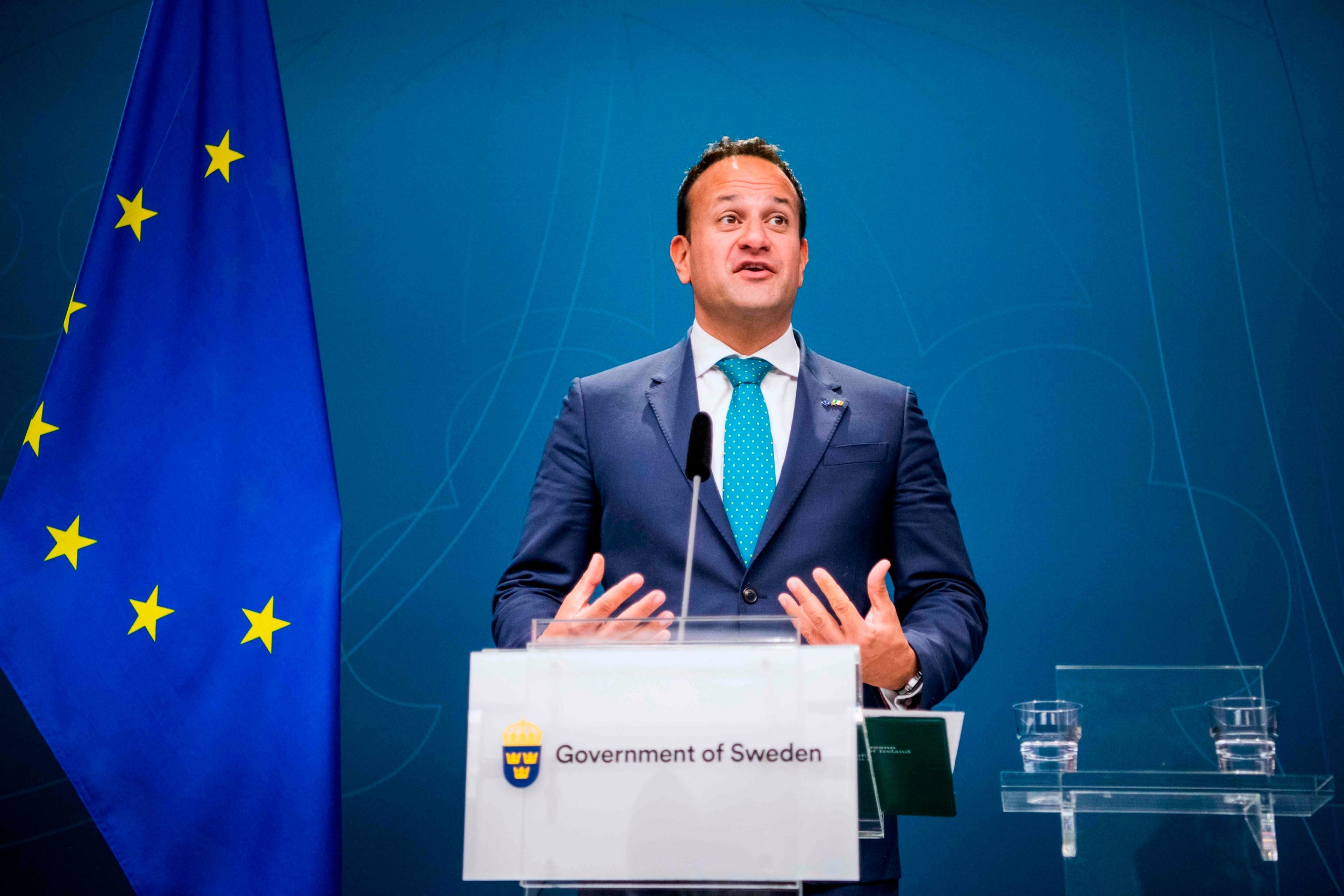 Leo Varadkar gives a press conference following a meeting with the Swedish prime minister in Stockholm