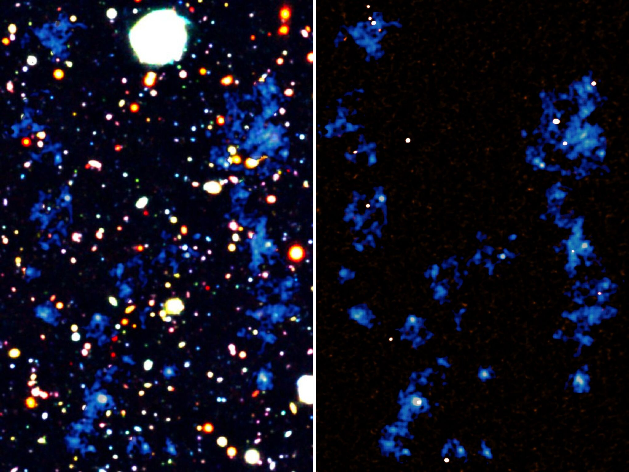 Undated map of gas filaments with white dots showing very active star-forming galaxies visible in this region of the night sky.