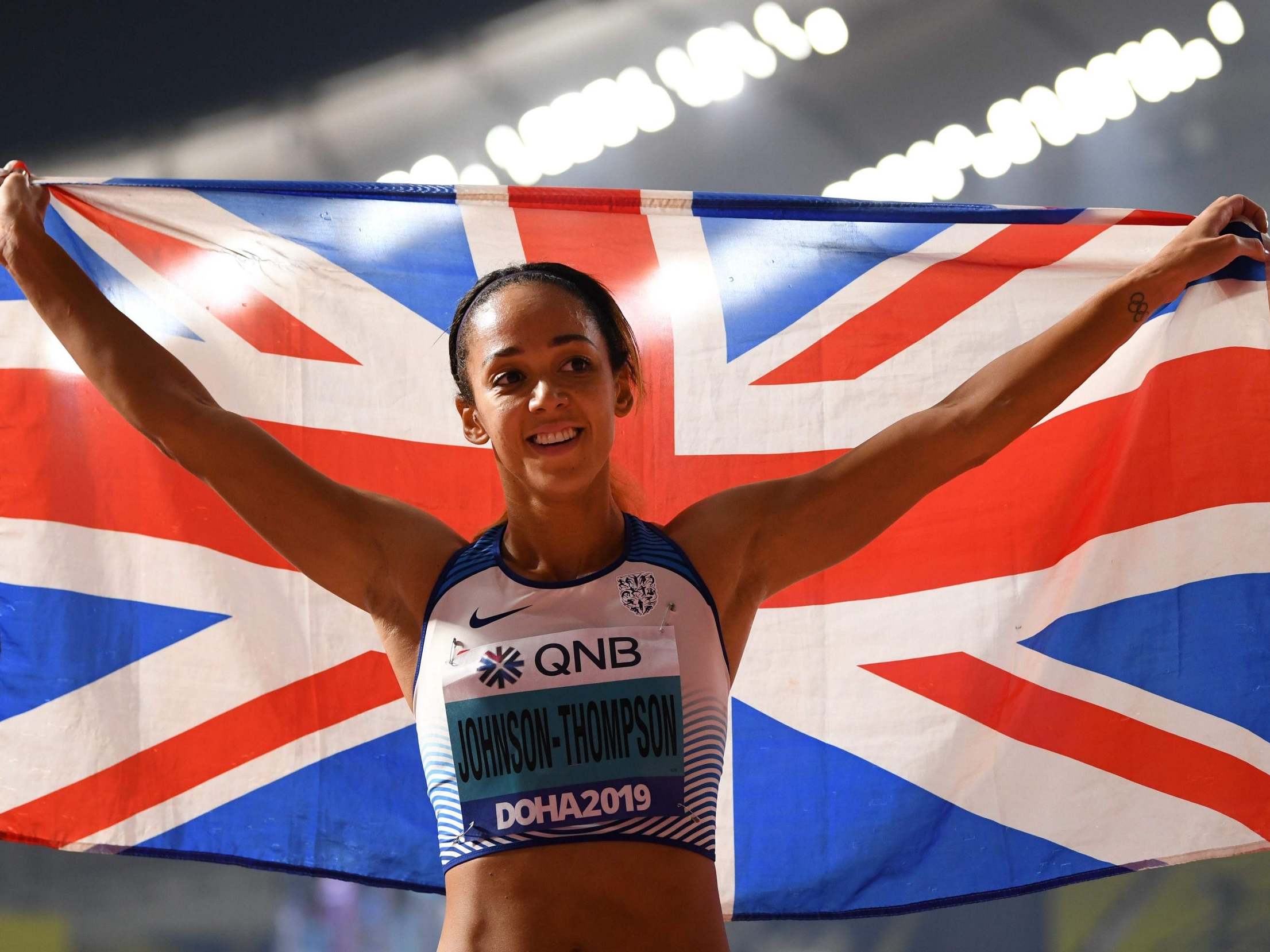 Katarina Johnson-Thompson celebrates her gold medal