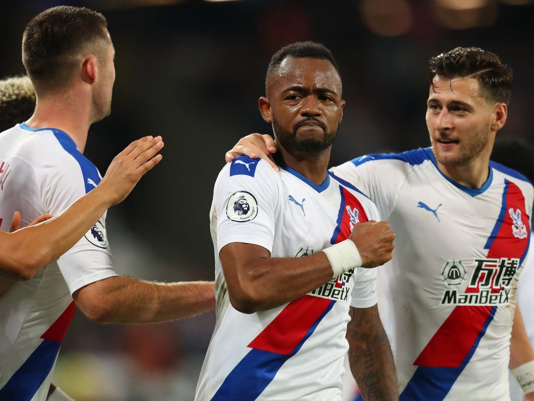 Crystal Palace belatedly celebrate after VAR confirms the goal from Ayew