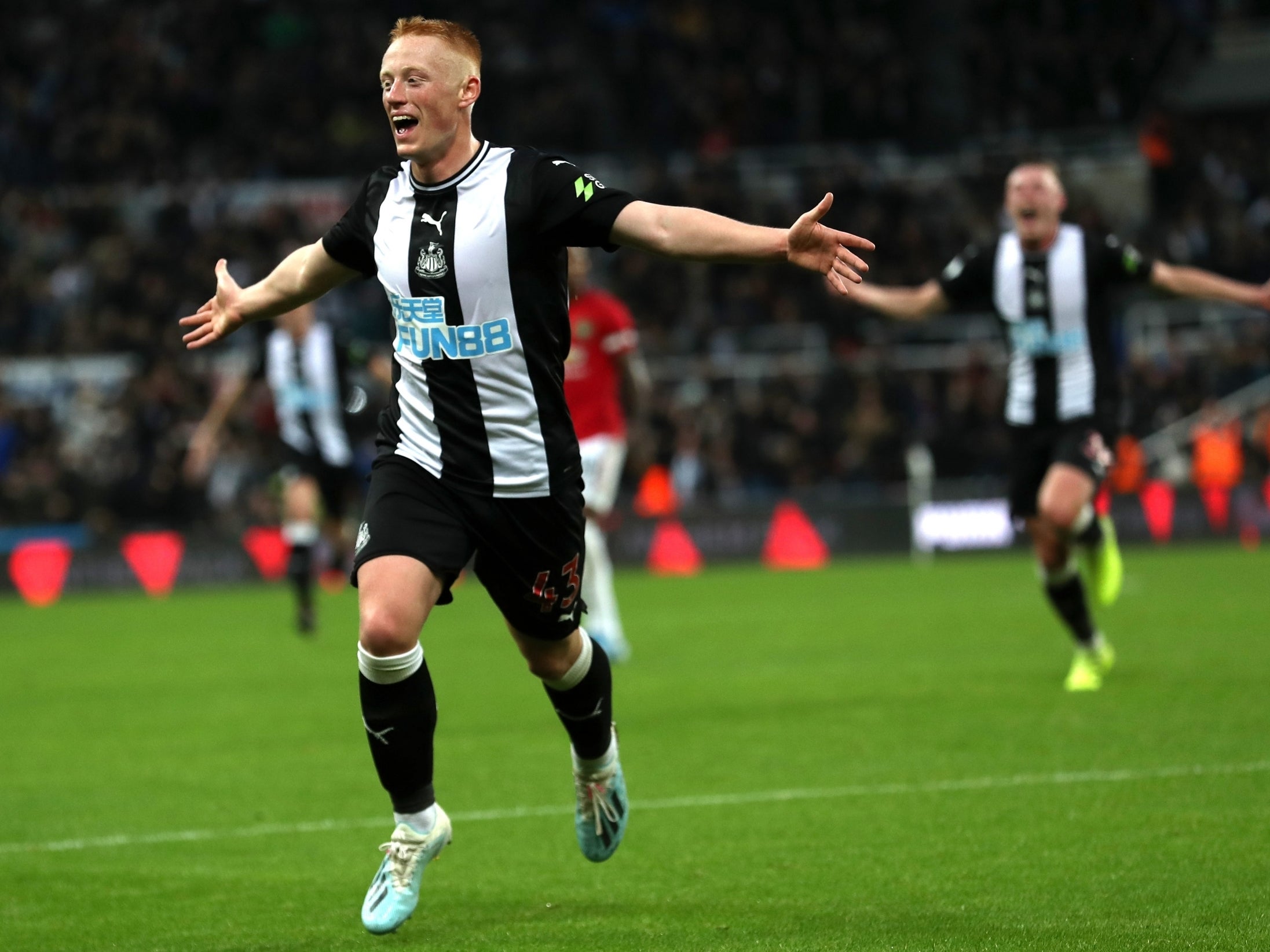 Matty Longstaff celebrates scoring on his debut