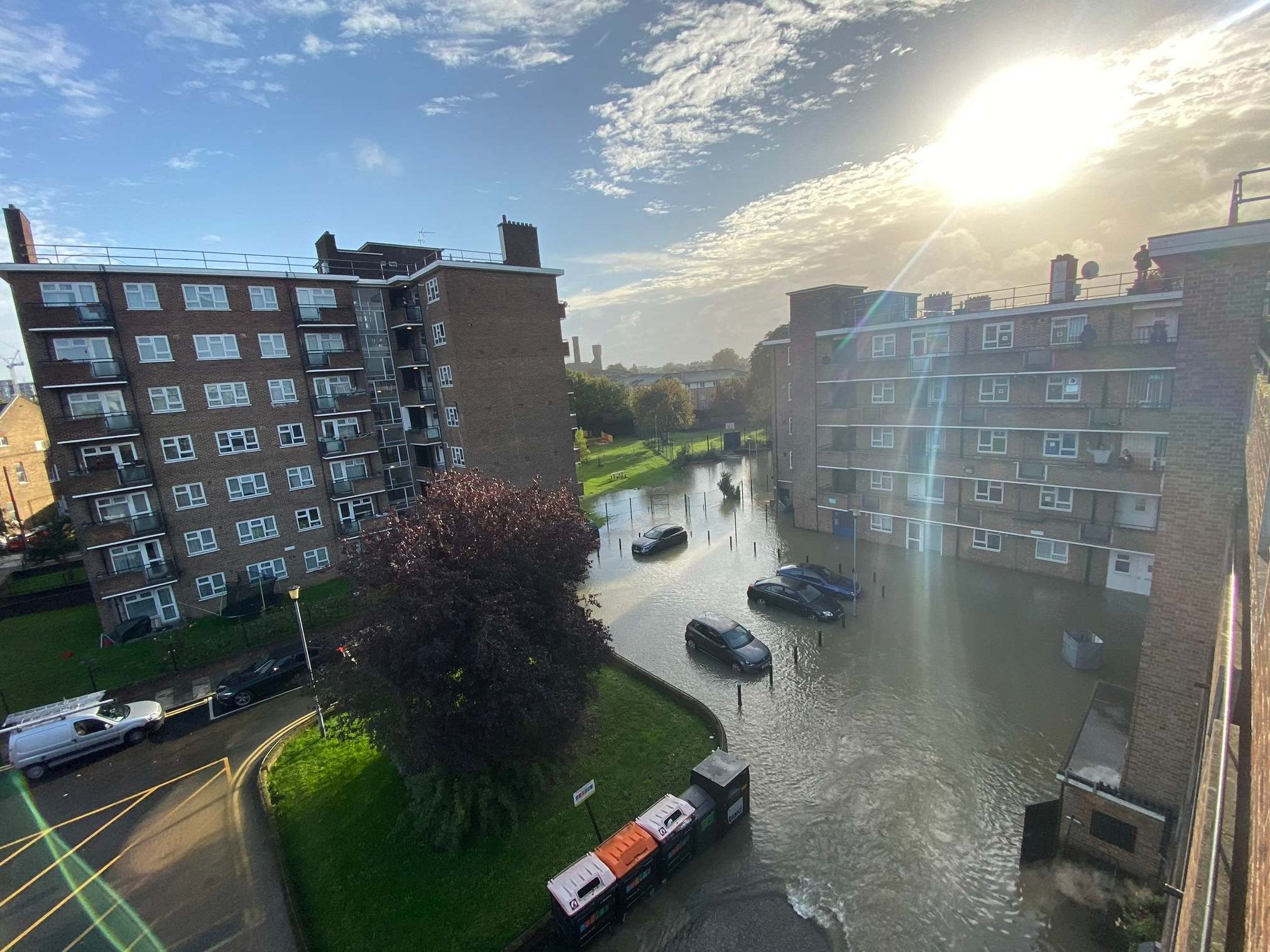 Flooding caused by a burst water main in Finsbury Park, north London