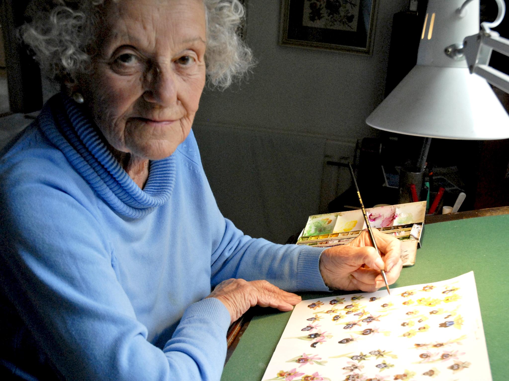 Marjorie Blamey painting orchids in her studio in 2007