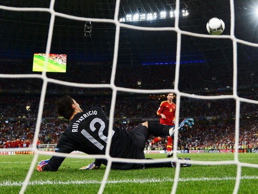 Sergio Ramos scores a Panenka penalty against Portugal at Euro 2012