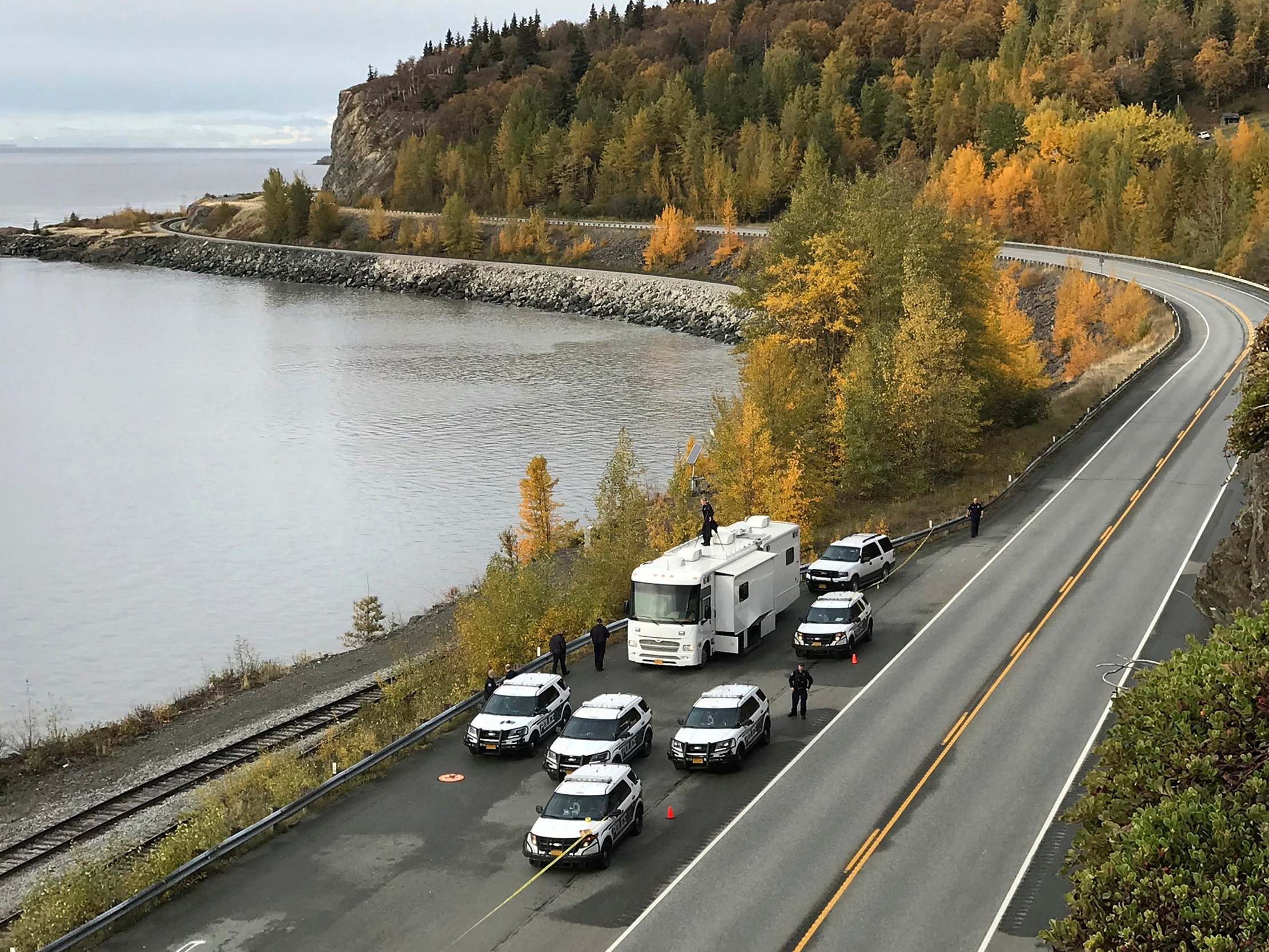 Anchorage Police investigating the scene where human remains were found on the Seward Highway in Anchorage, Alaska, 2 October 2019.