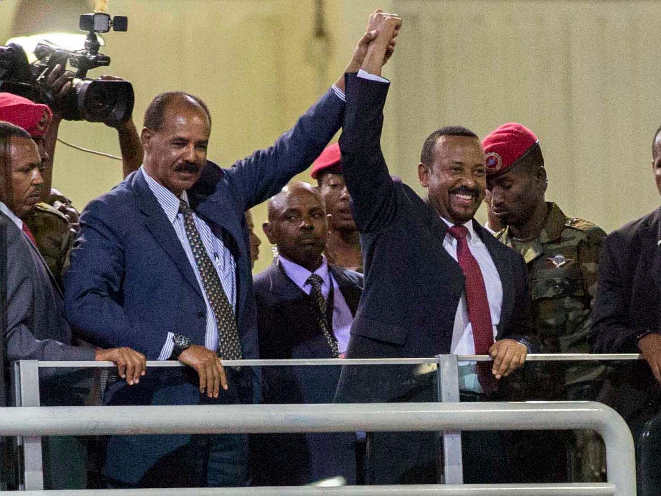File image of Eritrean president Isaias Afwerki (second left) with Ethiopia’s prime minister Abiy Ahmed (centre) during a visit to Addis Ababa, Ethiopia, 15 July 2018 (AP)