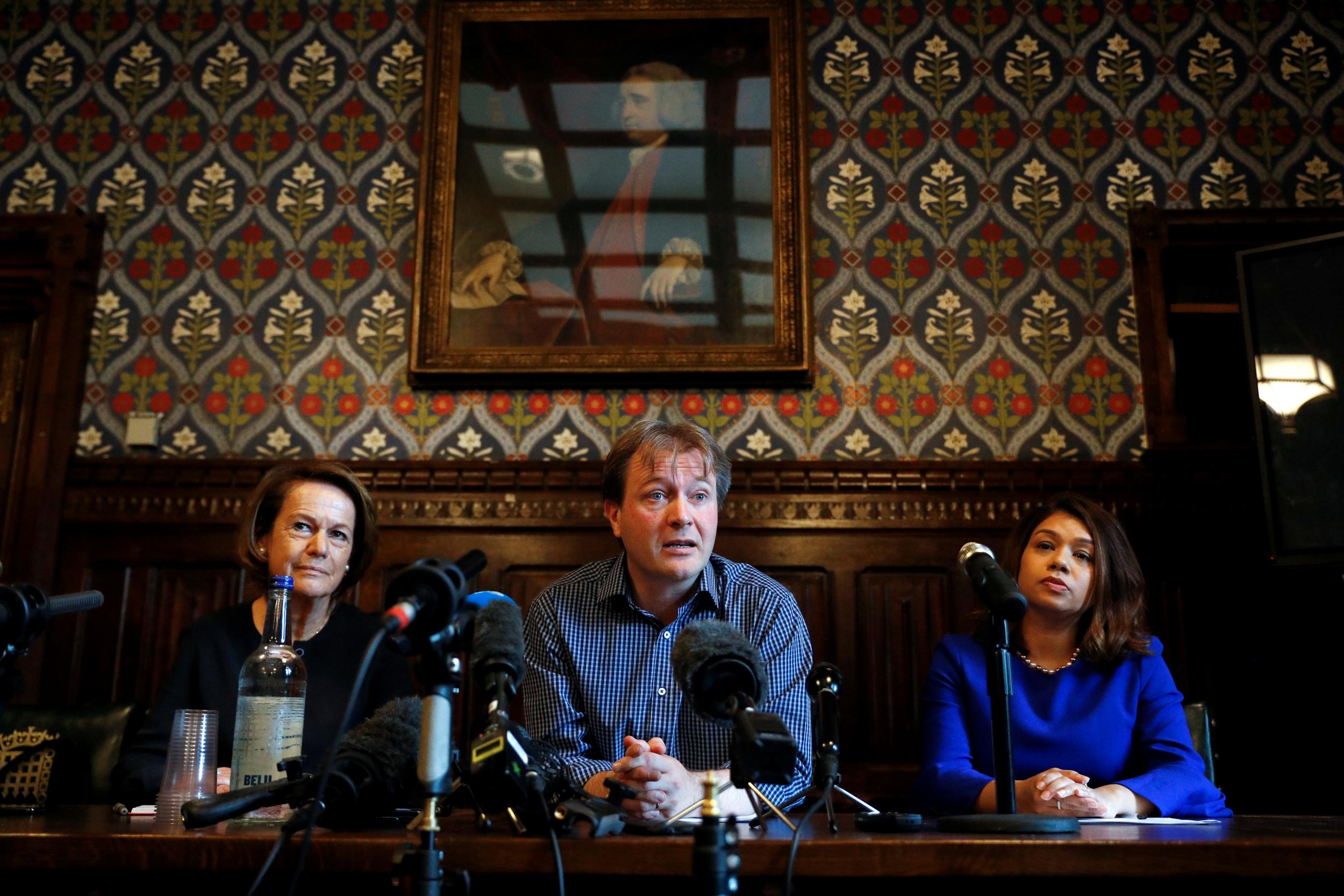 Richard Ratcliffe (centre) and Tulip Siddiq (right) at today’s press conference (Tulip Siddiq)