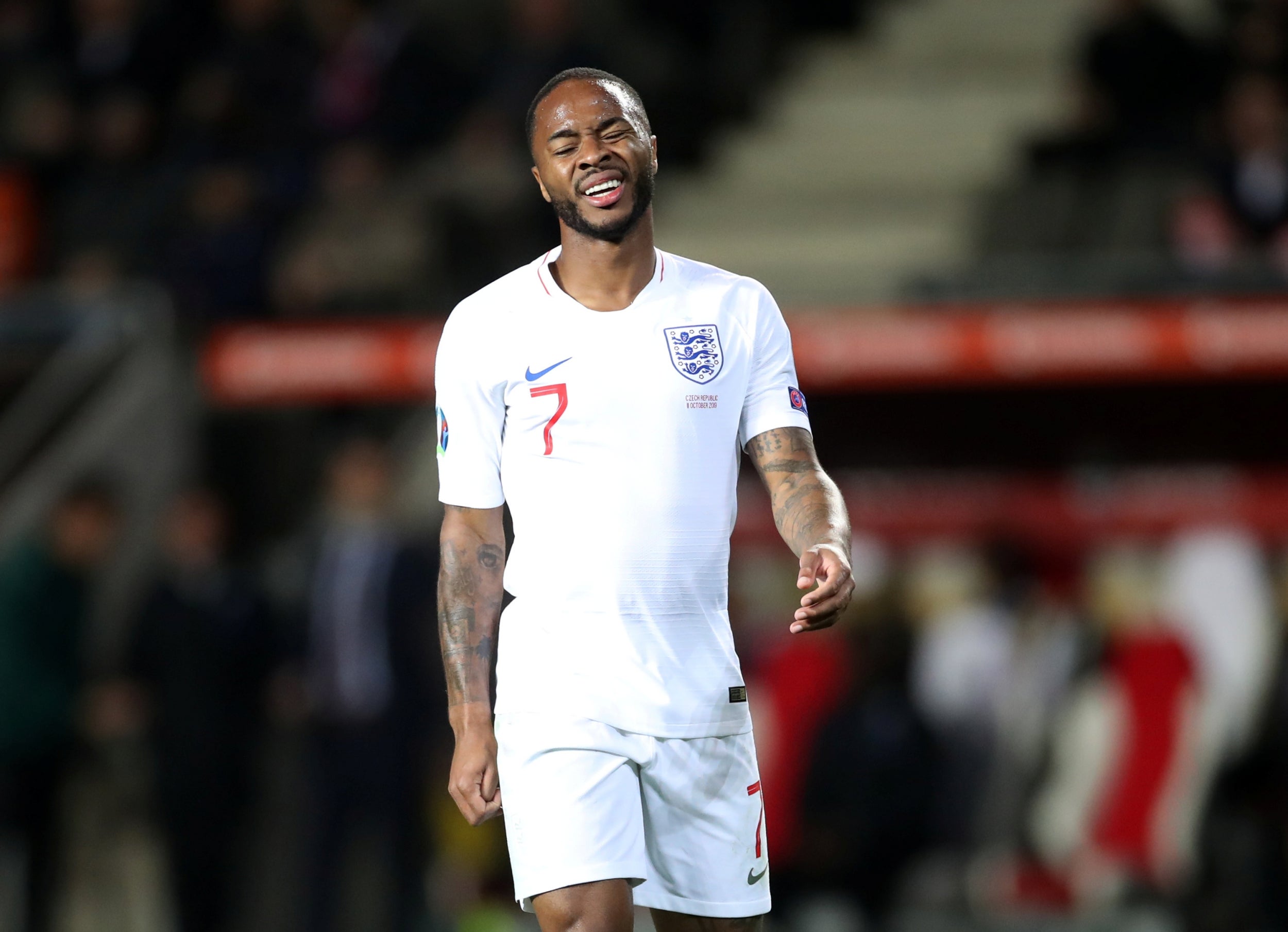 Raheem Sterling reacts in Prague