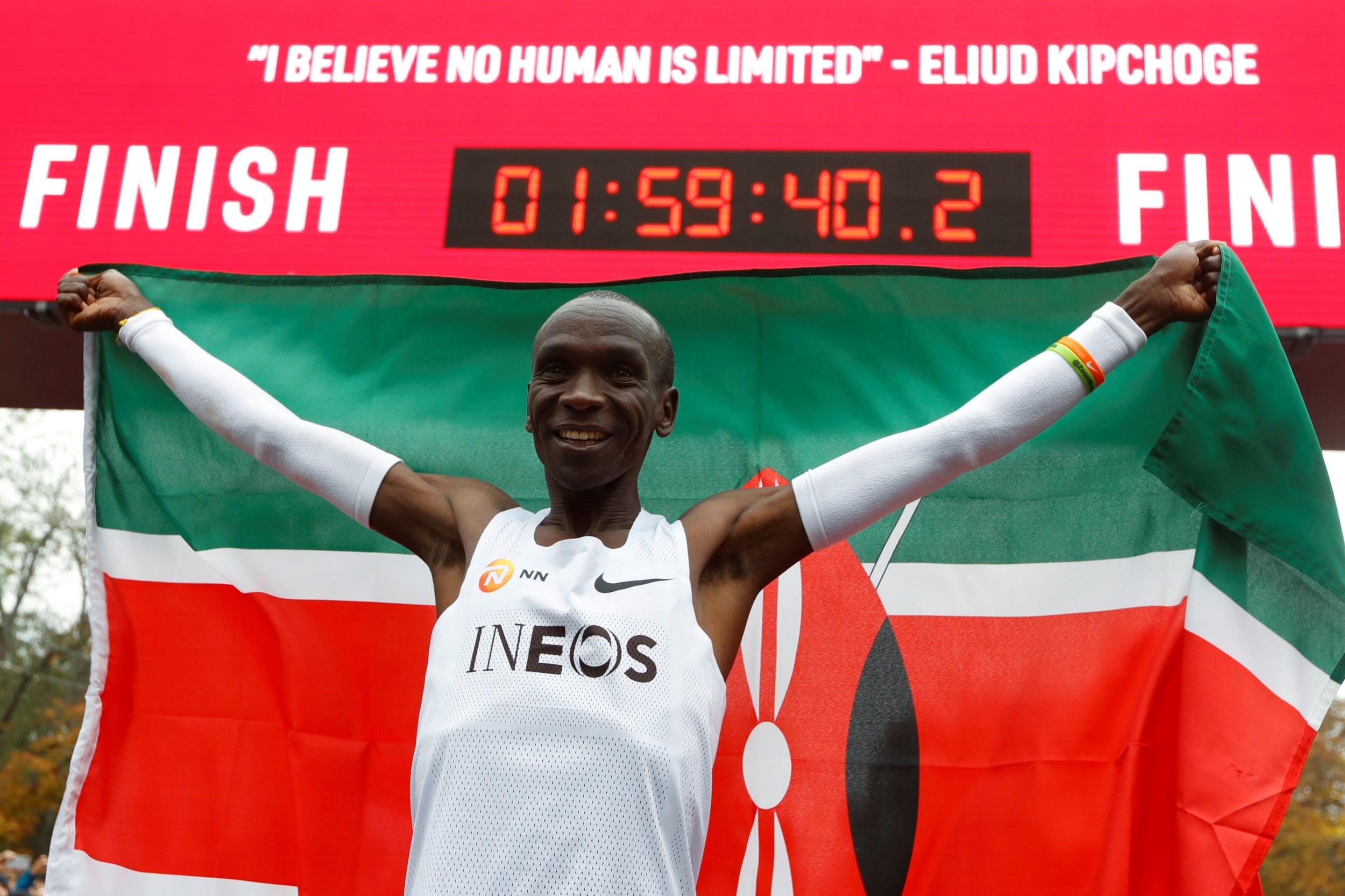 Kipchoge celebrates his incredible achievement