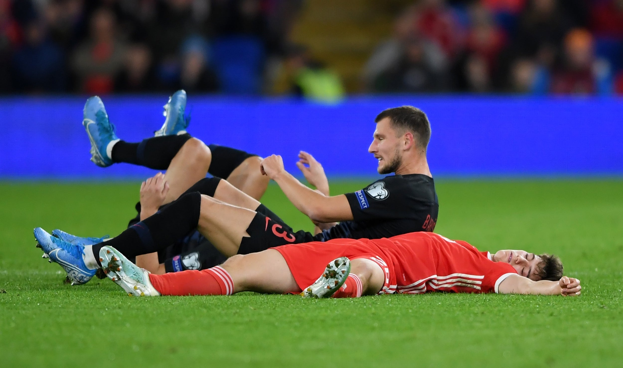 Daniel James lies on the ground vs Croatia