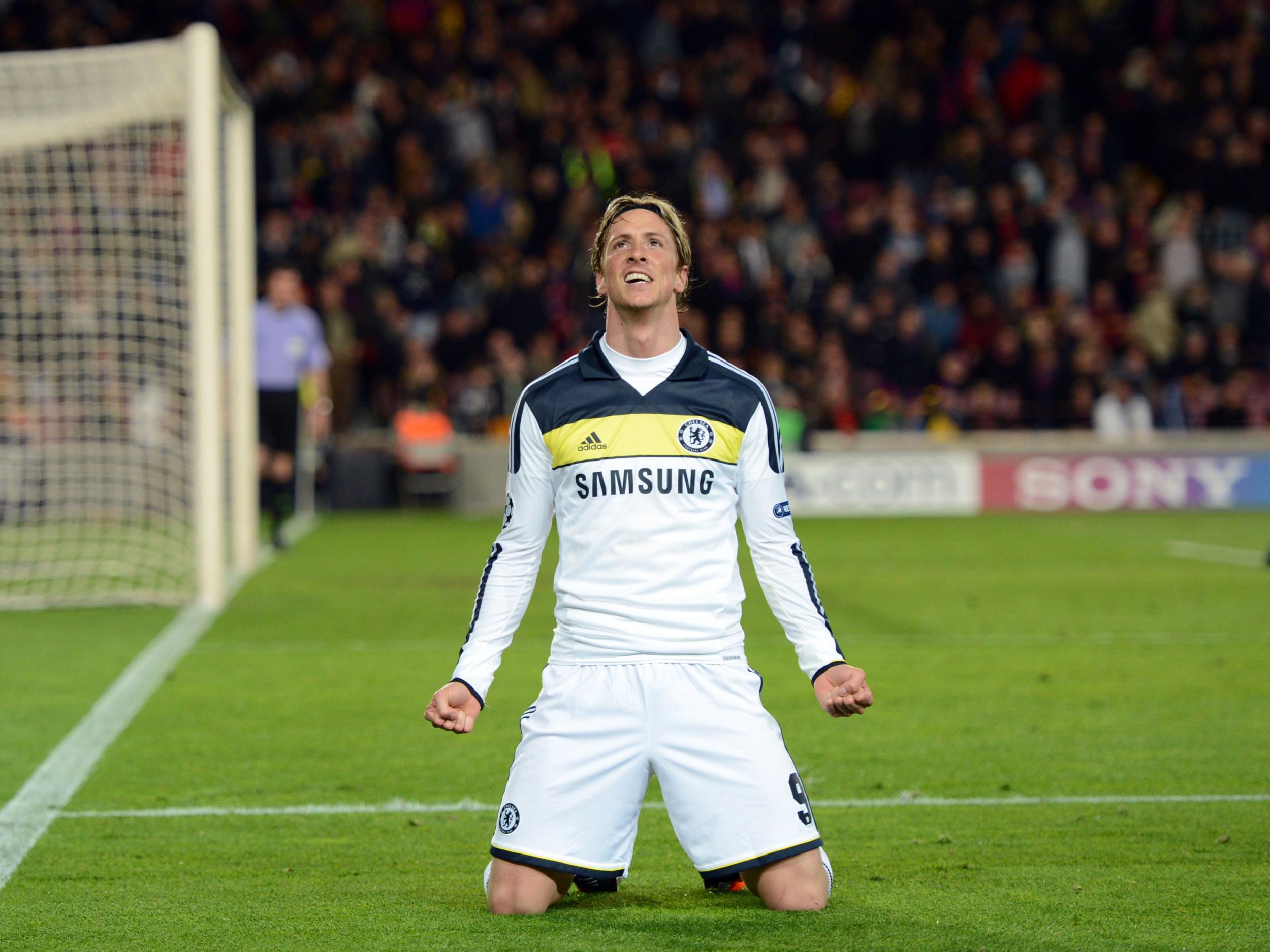 Torres celebrates scoring for Chelsea at Camp Nou