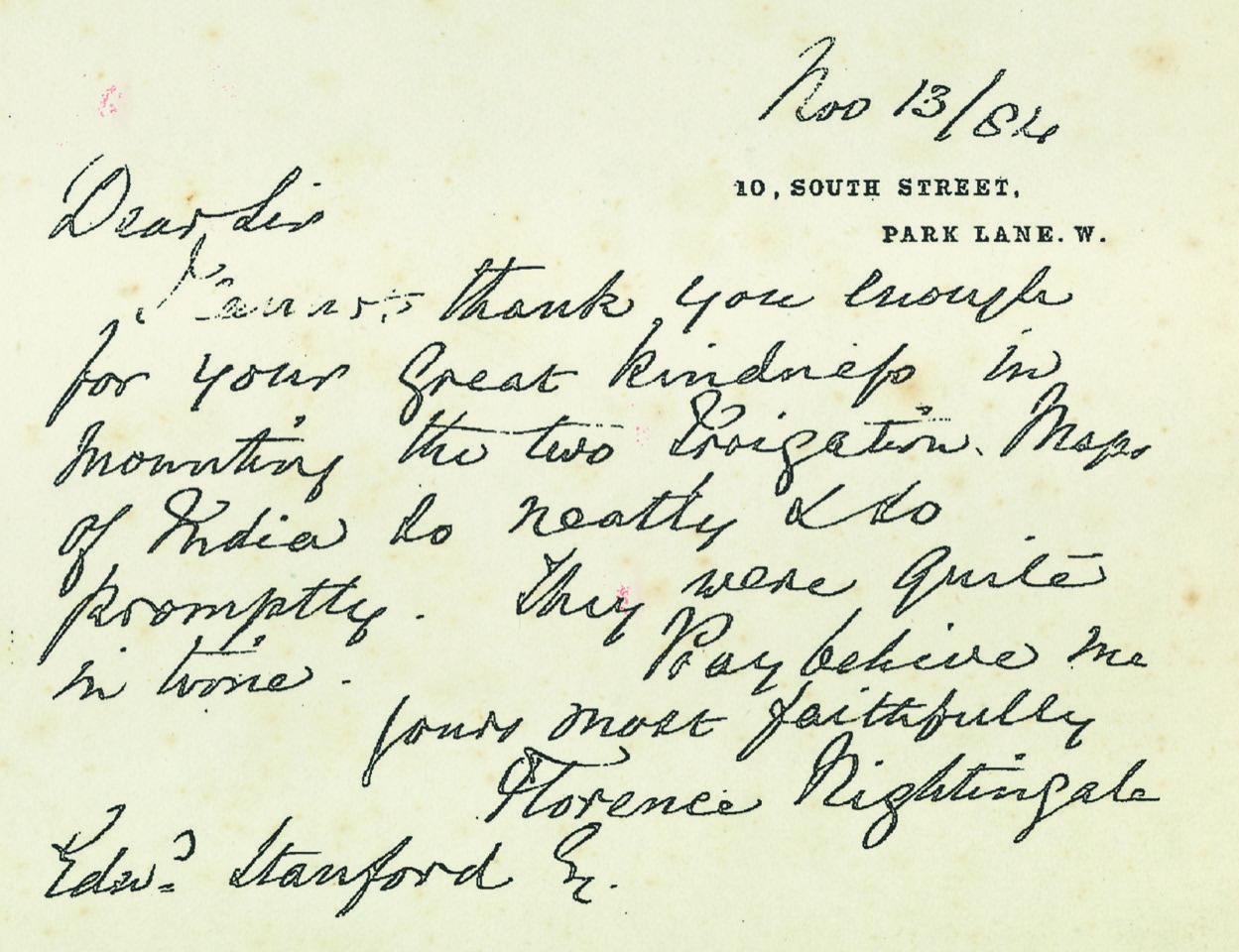 Satisfied customer: Florence Nightingale writes to thank Edward Stanford for good work