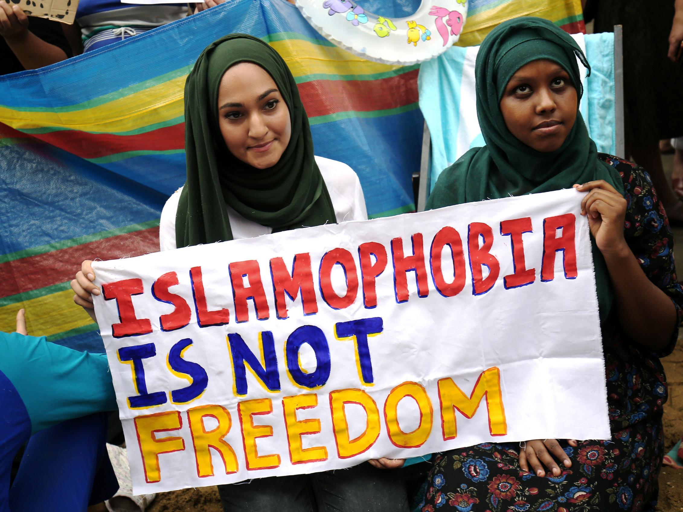 Protesters demonstrate against France’s ban of the burkini, outside London’s French Embassy