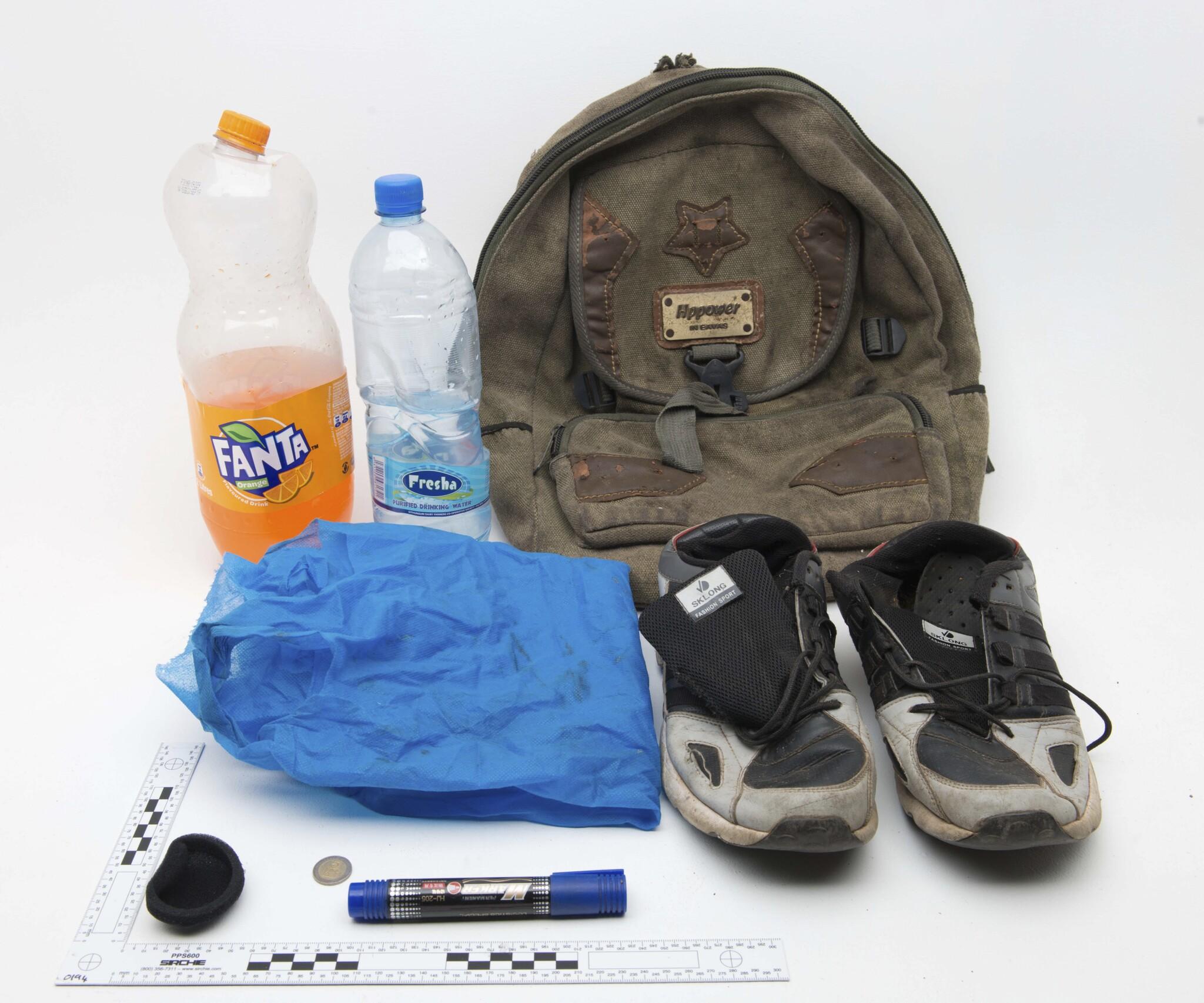 Detectives said the man’s bag, pictured with its contents, had “distinctive” lettering written on the strap