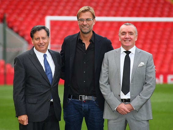 Ian Ayre (right) with Tom Werner and Jurgen Klopp