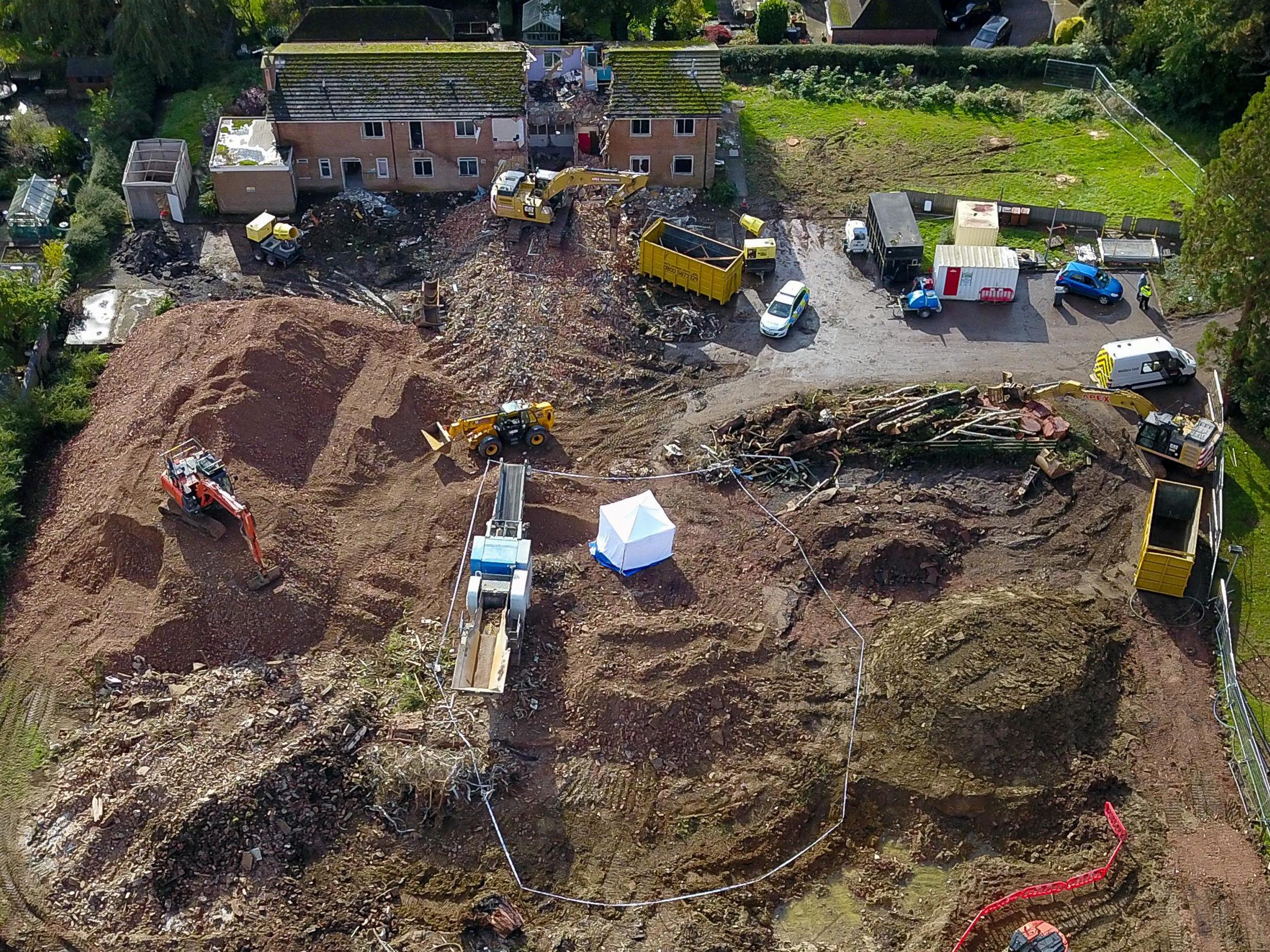 Aerial view of a police forensics tent at the site of a former care home in Melton Mowbray