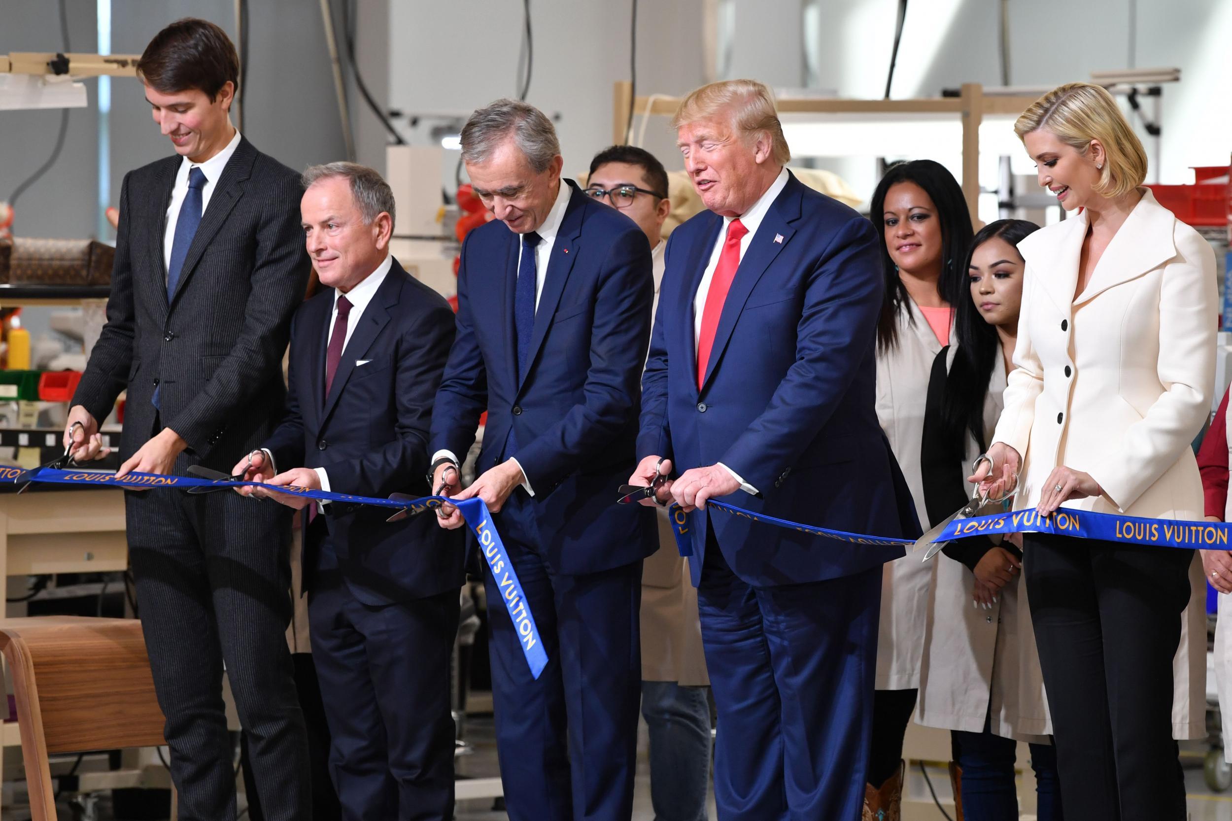 Donald Trump attended the opening of a new Louis Vuitton factory alongside Chief Executive of LVMH Bernard Arnault, CEO of Louis Vuitton Michael Burke and Alexandre Arnault, and Ivanka Trump (Getty)