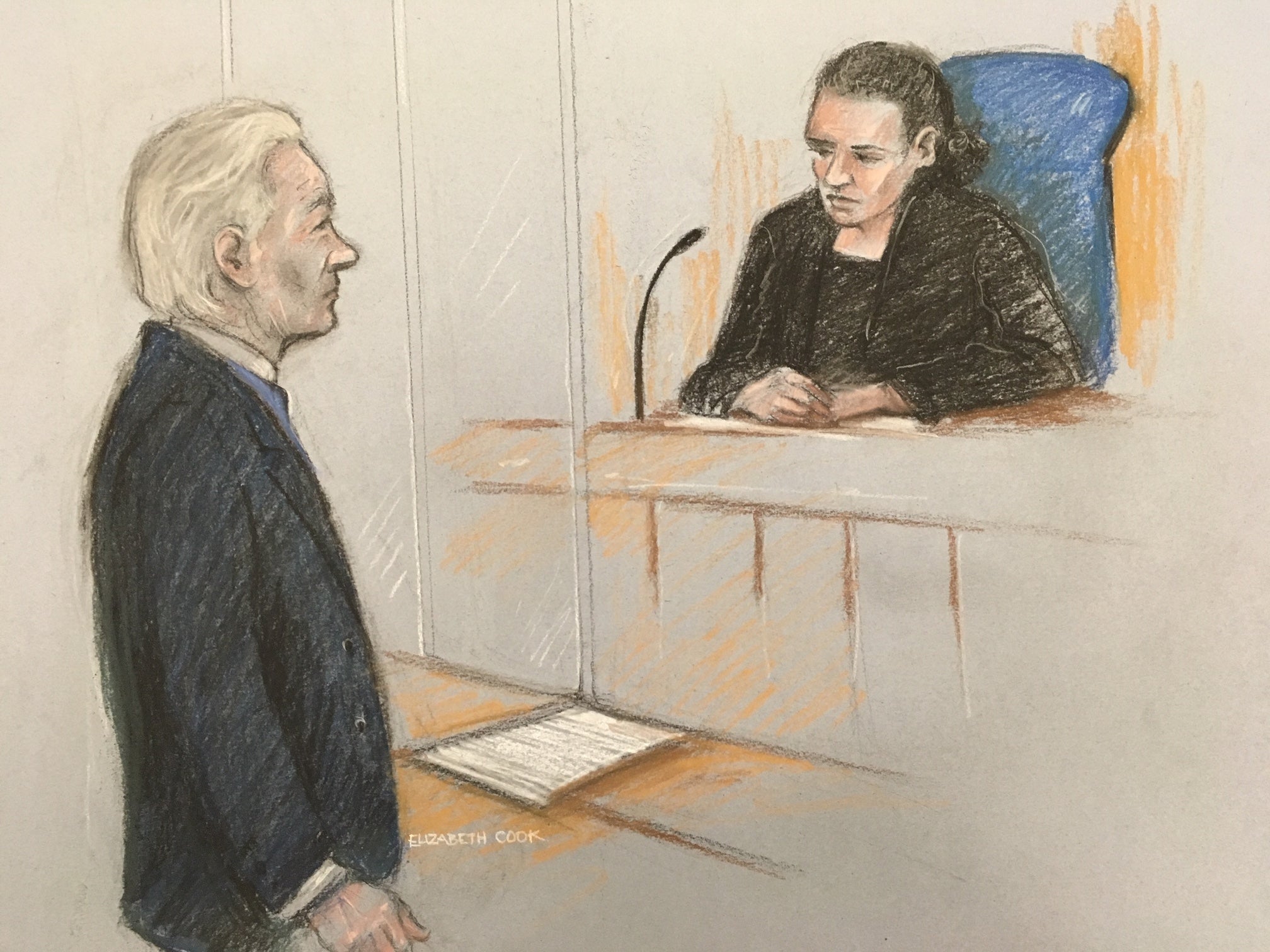 A court sketch showing Julain Assange addressing district judge Vanessa Baraitser (PA)