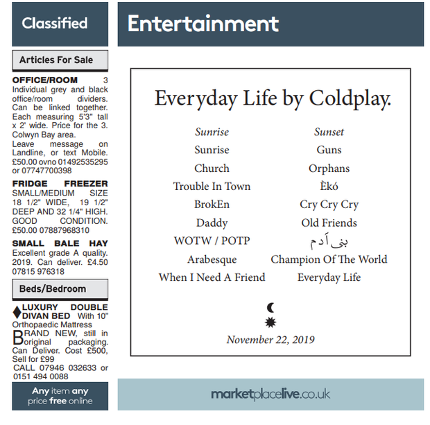 Coldplay announced the tracklist of their new album in local newspapers