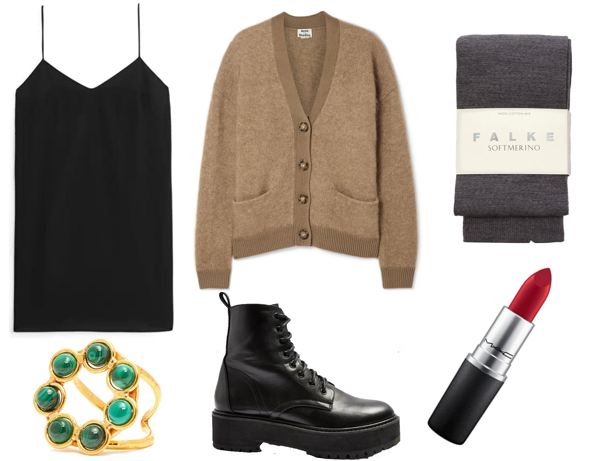 Arket silk slip dress: £59, Sylvia Toledano malachite stone ring: £80, Acne, Rives oversized knitted cardigan: £400, Topshop black chunky boots: £42, Falke soft merino tights: £32, MAC Ruby Woo lipstick: £17.50