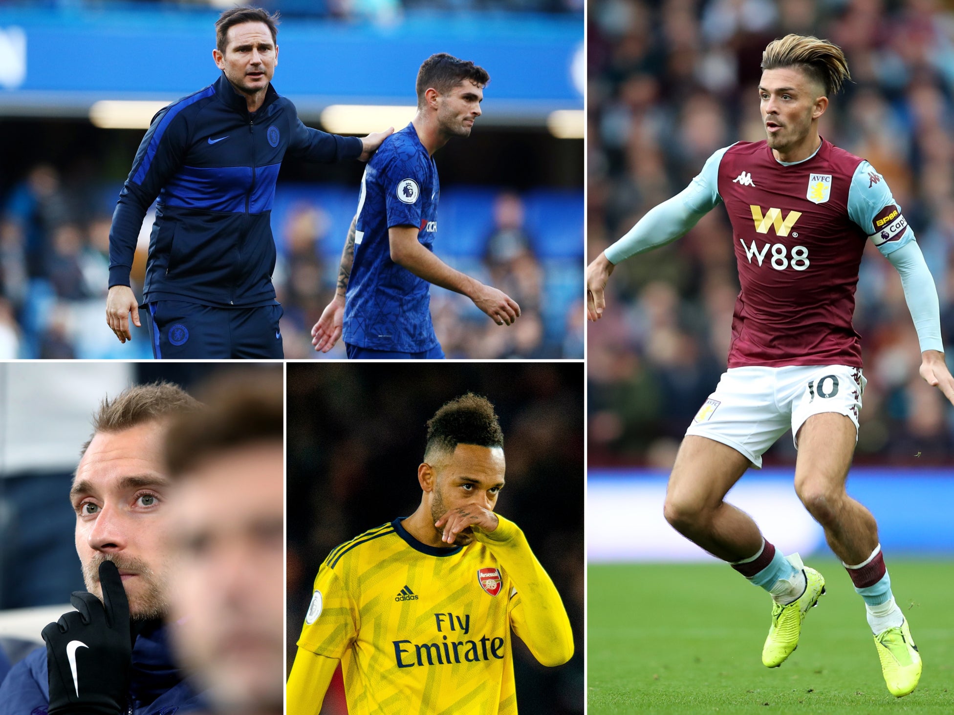 Clockwise from top left: Christian Pulisic, Jack Grealish, Pierre-Emerick Aubameyang and Christian Eriksen