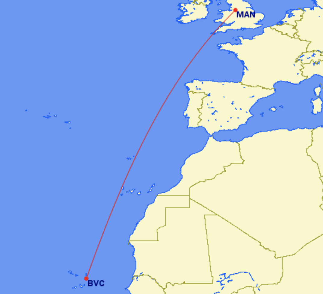 Flight track: the shortest journey between Boa Vista island (BVC) and Manchester (MAN)