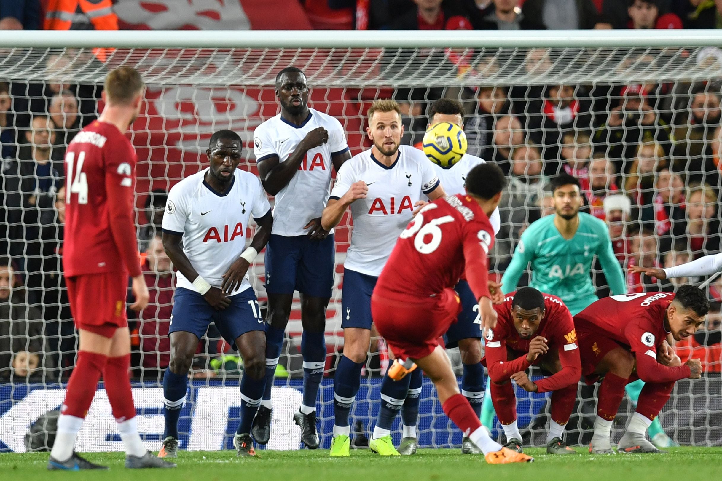 Alexander-Arnold aims a free-kick at goal against Tottenham