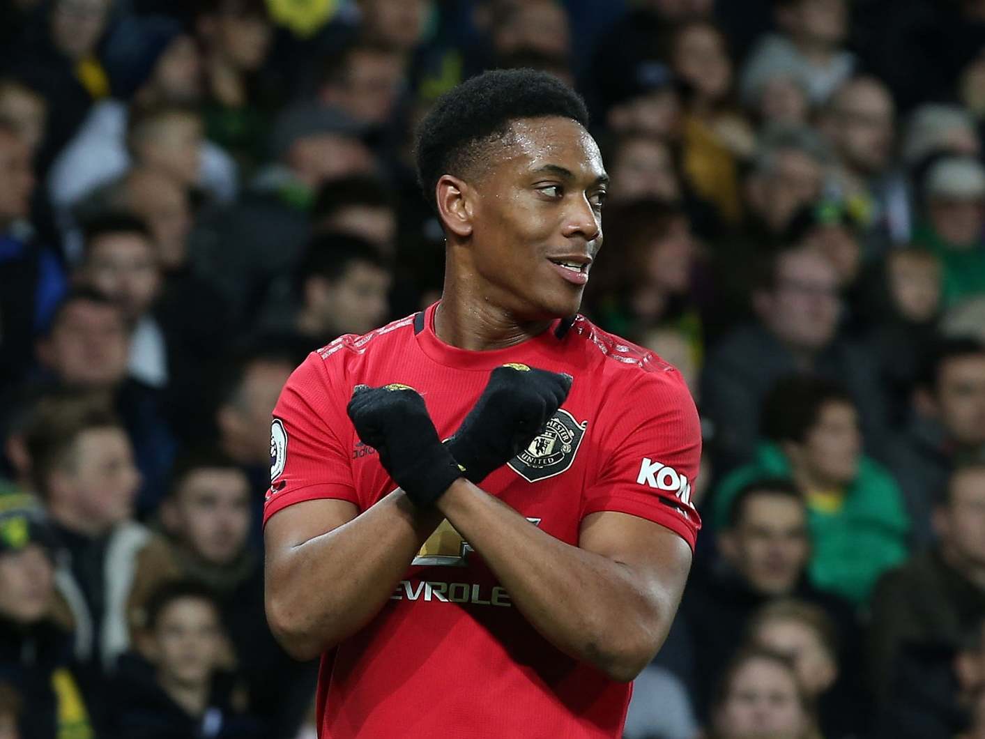 Anthony Martial celebrates at Norwich