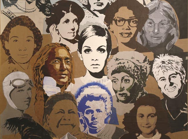 A close crop of Jann Haworth’s ‘Work in Progress’, featuring images of Twiggy, Anne Frank, Rosa Parks and more