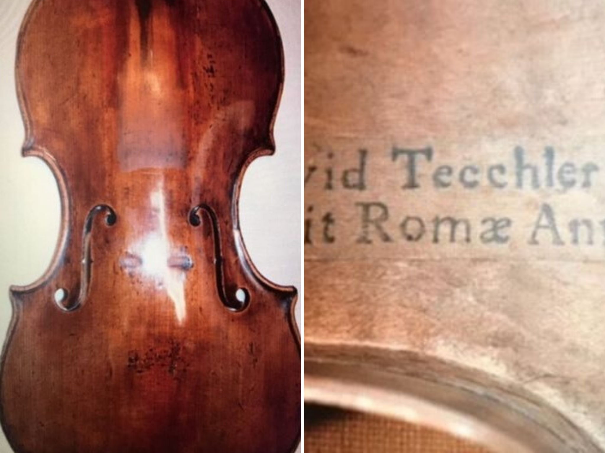 Musician Stephen Morris, 51, left his £250,000 violin made in 1709 by David Tecchler on a train between London Victoria and Penge East on 22 October 2019. Image shows the violin during restoration and Tecchler’s label inside.