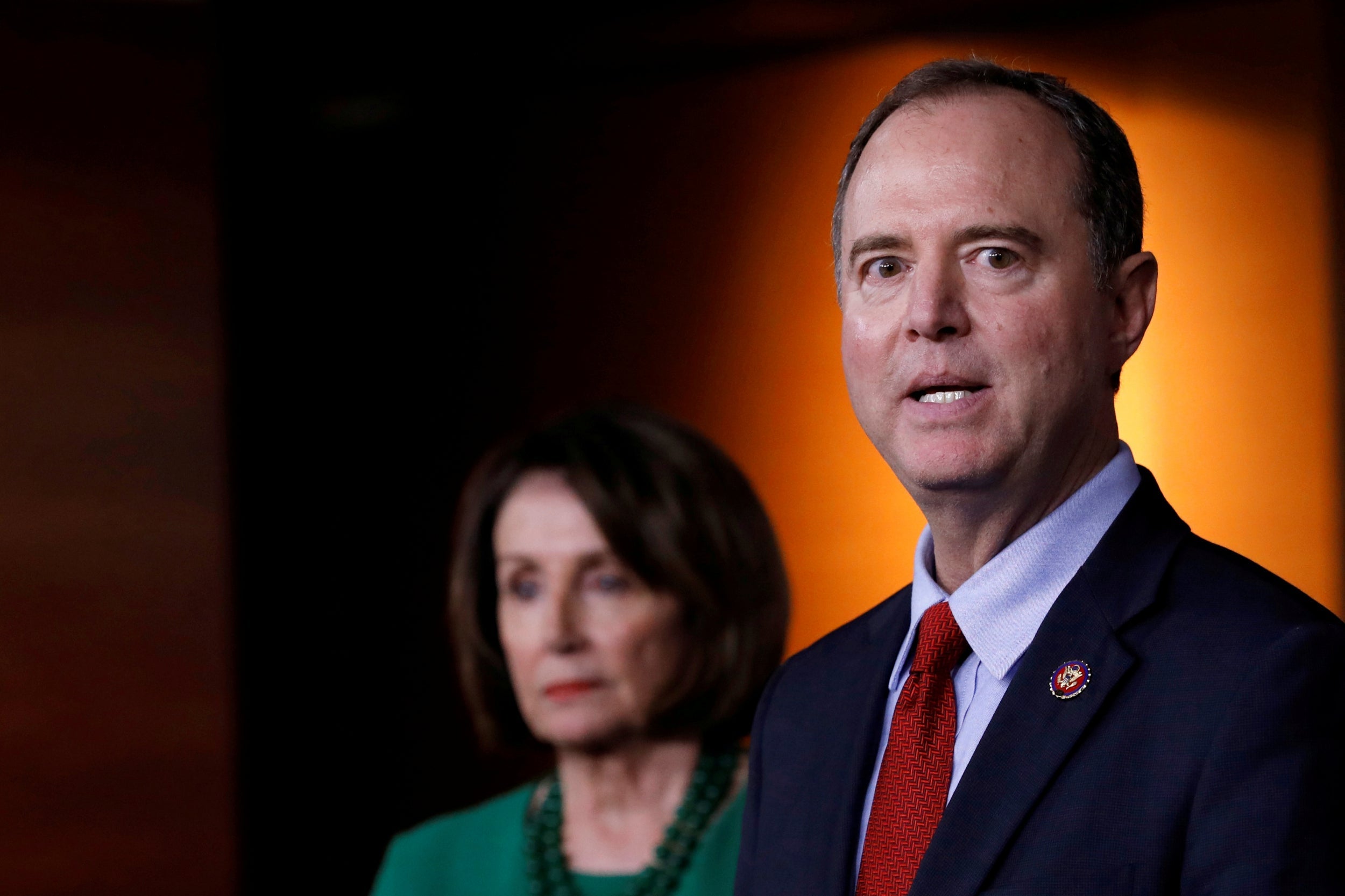 Nancy Pelosi and Adam Schiff at a news conference about the impeachment hearings into Donald Trump