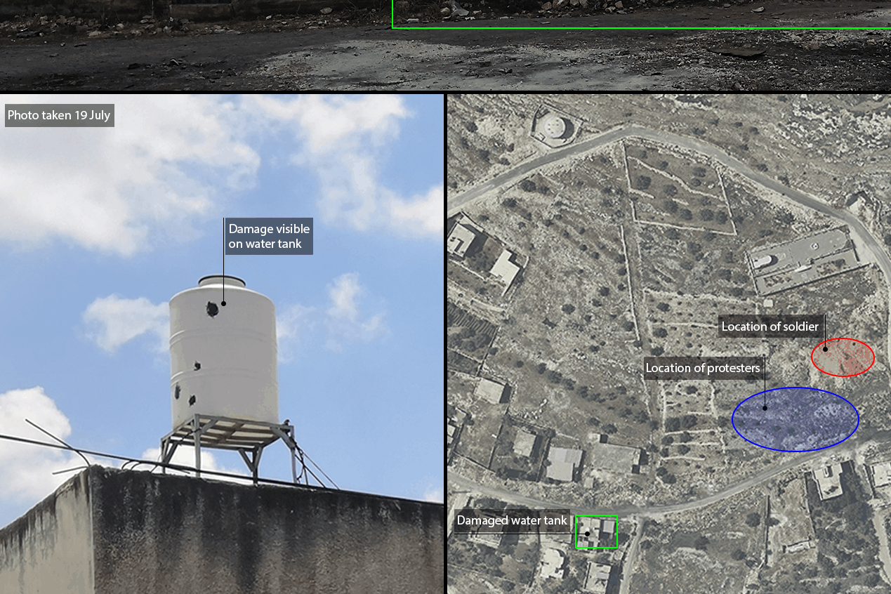 Damage to a water tank in east Kafr Qaddum, sustained as a result of live gunfire on 12 July 2019, is visible in photographs taken on 19 July