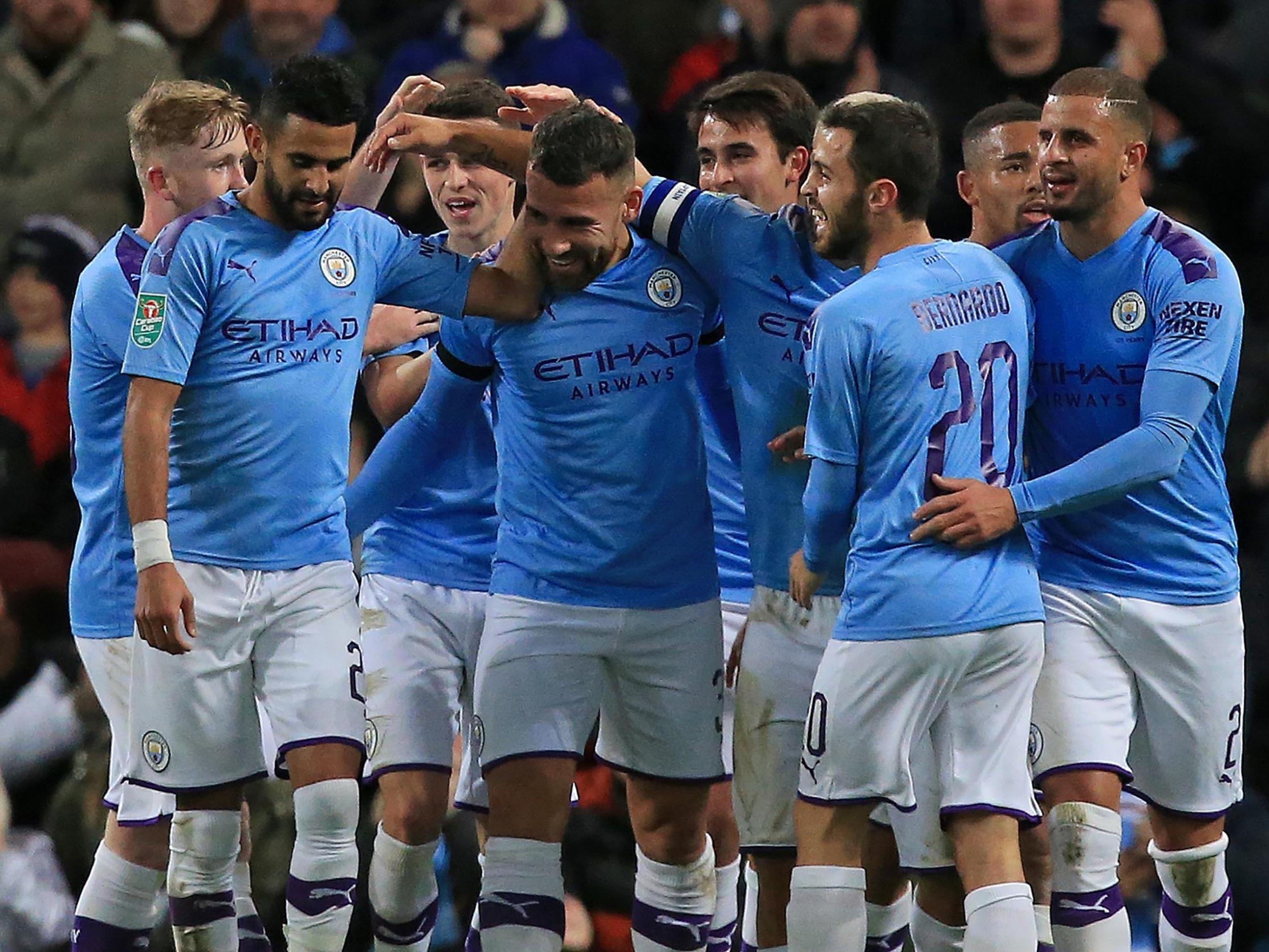 Nicolas Otamendi celebrates scoring Manchester City's first goal