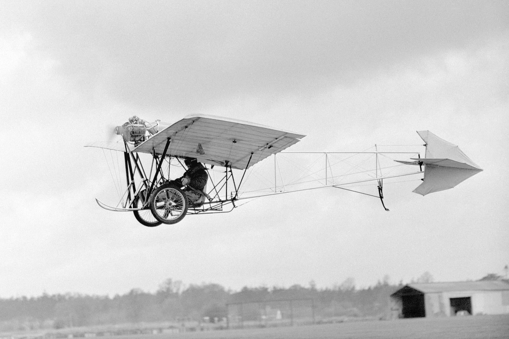 Test pilot Joan Hughes flies a Demoiselle monoplane built for the 1965 film ‘Those Magnificent Men in their Flying Machines’ in Berkshire