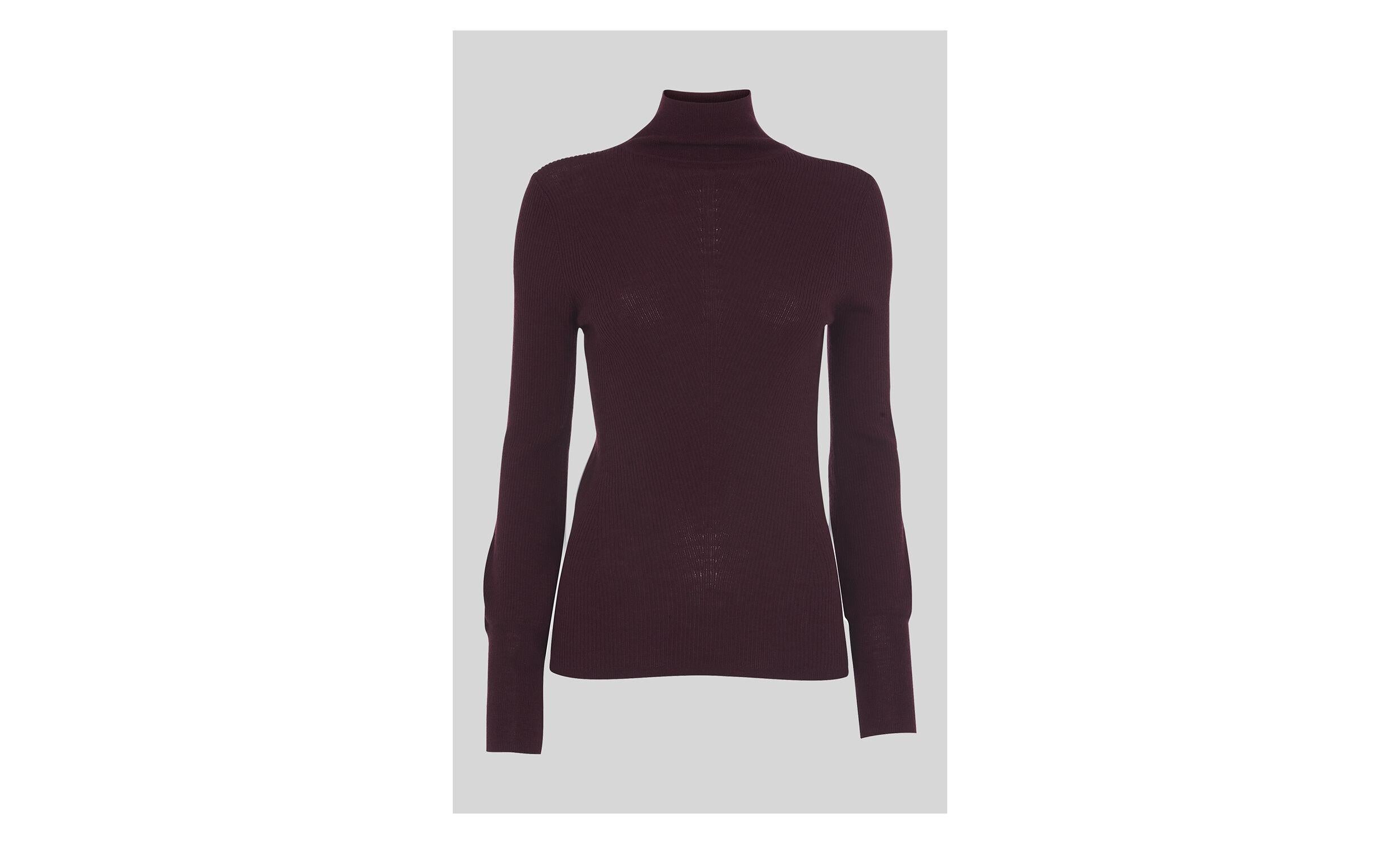 Merino Wool Roll Neck Knit, £109, <a href="https://www.whistles.com/women/new-in/merino-wool-roll-neck-knit-30468.html?cgid=NewIn_WW&amp;dwvar_merino-wool-roll-neck-knit-30468_color=Burgundy" target="_blank" rel="nofollow" class="body-gallery" data-vars-item-name="GL-9161601-https://www.whistles.com/women/new-in/merino-wool-roll-neck-knit-30468.html?cgid=NewIn_WW&amp;dwvar_merino-wool-roll-neck-knit-30468_color=Burgundy" data-vars-event-id="c6">Whistles</a>