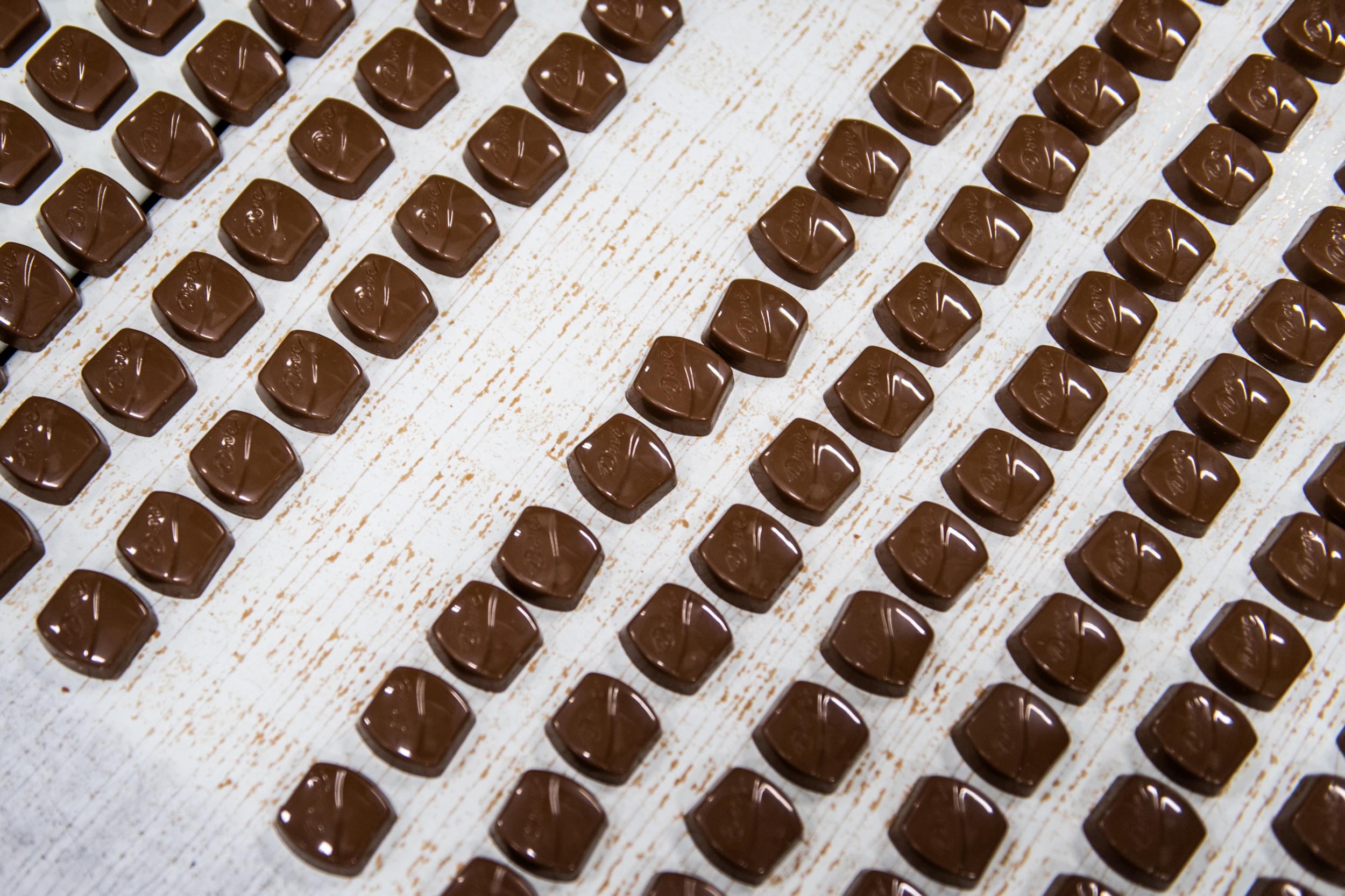 Chocolates line up for wrapping at the Mars factory in Elizabethtown