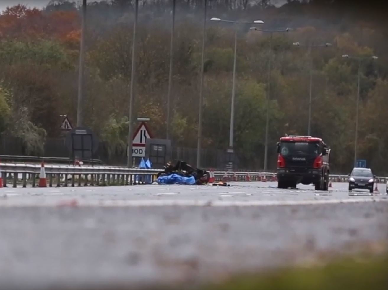 Still image taken from video shows scene of crash on M23 near Hooley, Surrey, where an 80-year-old man died after his vintage wooden car collided with a lorry on 3 September, 2019.