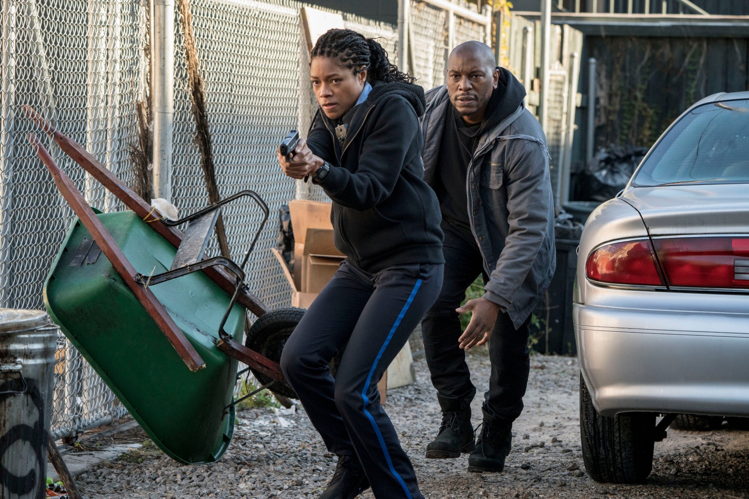 Harris as rookie police officer Alicia West and Tyrese Gibson as Milo Jackson in ‘Black and Blue’